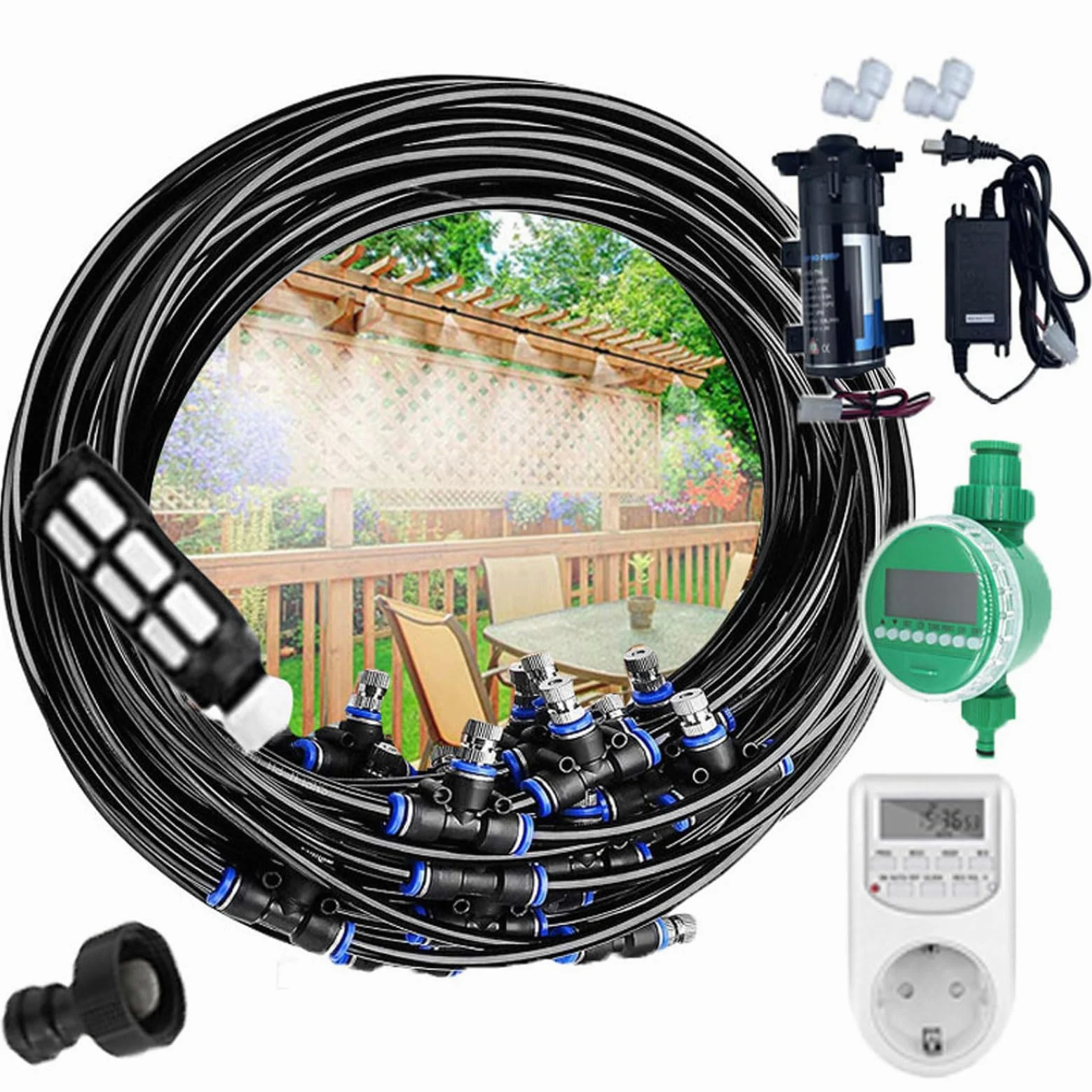 50M Système de Refroidissement brumisateur avec Minuterie et Pompe, Système de brumisation d'extérieur Automatique, kit d'irrigation Goutte à Goutte Automatique