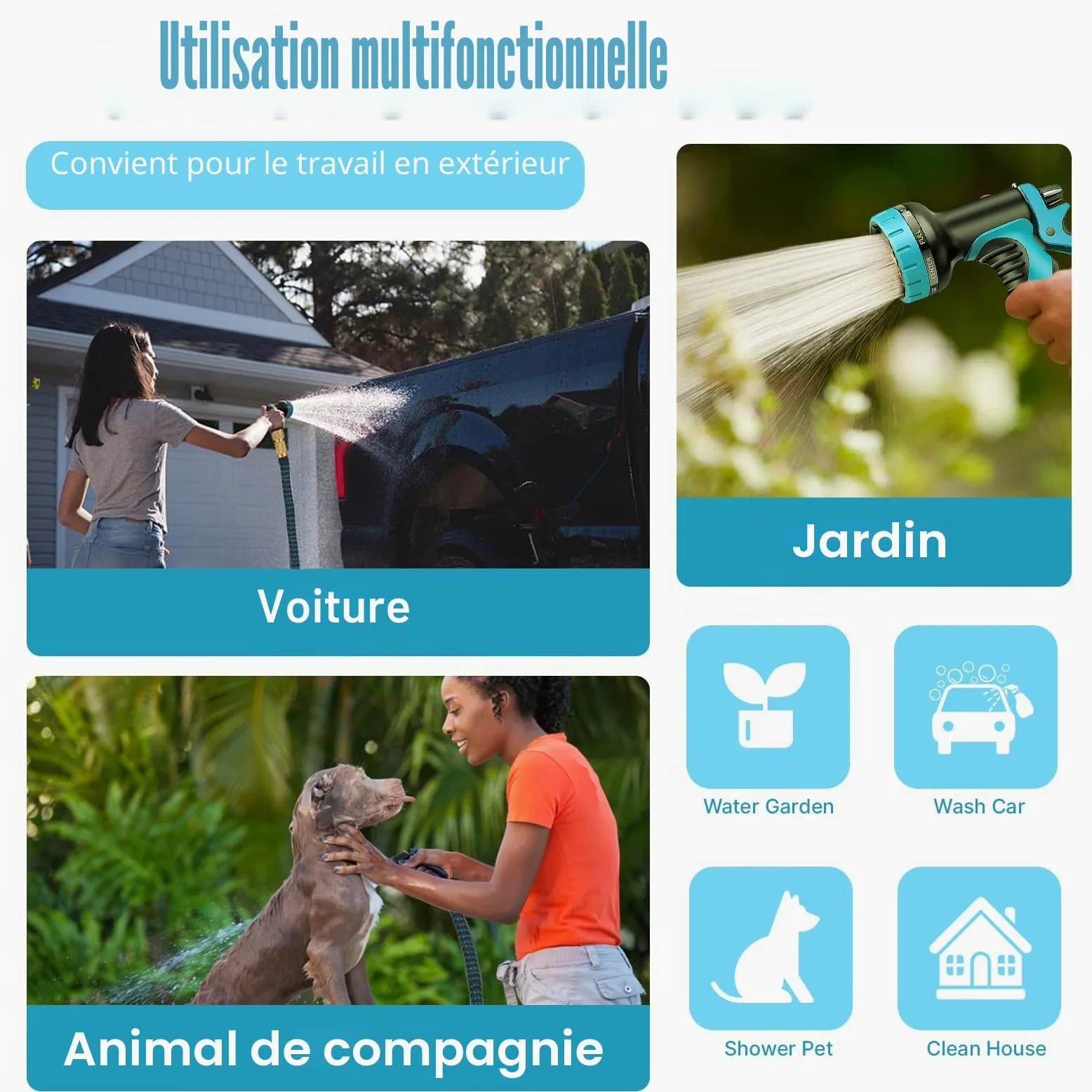 Tuyau d'arrosage extensible de 30,5 m avec buse à 10 fonctions, 4 couches de latex et raccord en laiton massif de 1,9 cm, anti-fuite, facile à utiliser (bleu)