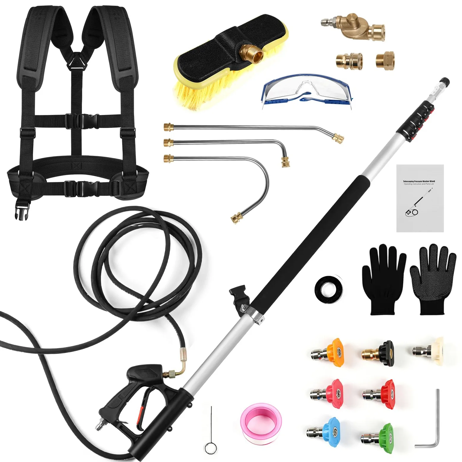 Lance Télescopique Nettoyeur Haute Pression 7,3m, Perche Nettoyage Toiture | Lance Nettoyage Toiture, 4000 PSI, Brosse Rotative, 7 Buses, Harnais Inclus, pour Voitures, Terrasses et Patios Sans échelle