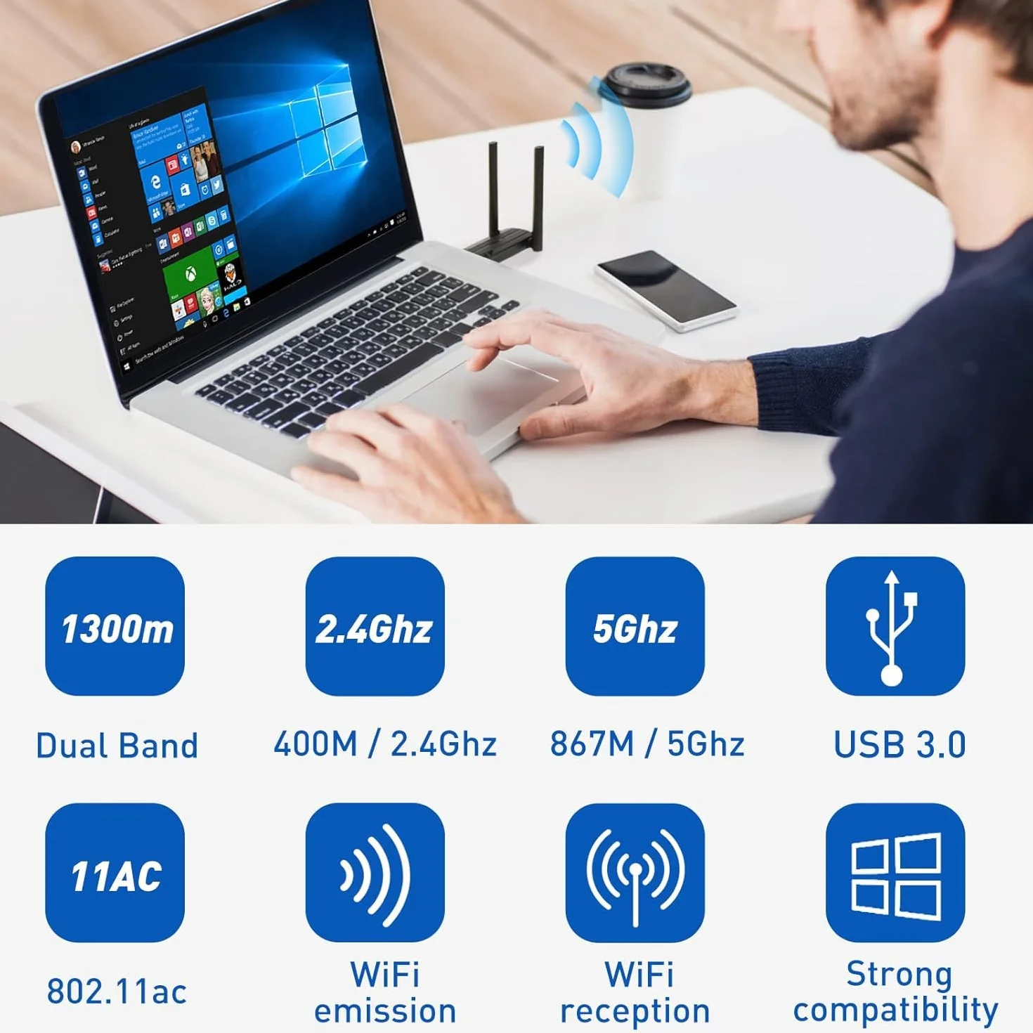 Clé WiFi AC1300 Mbps USB 3.0 Double Bande 2.4G/5.8GHz Adaptateur WiFi pour PC Windows Mac OS