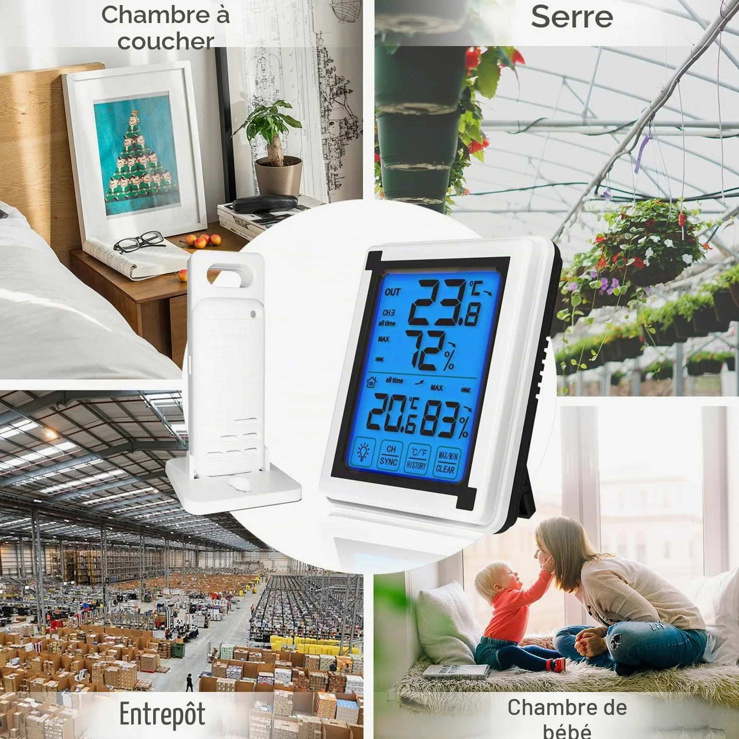 ThreeH Thermomètre extérieur Intérieur Hygromètre Numérique avec 3 Capteurs sans fil Jauge d'humidité Moniteur Température Précis avec Rétroéclairage LCD à écran tactile (3 capteurs)
