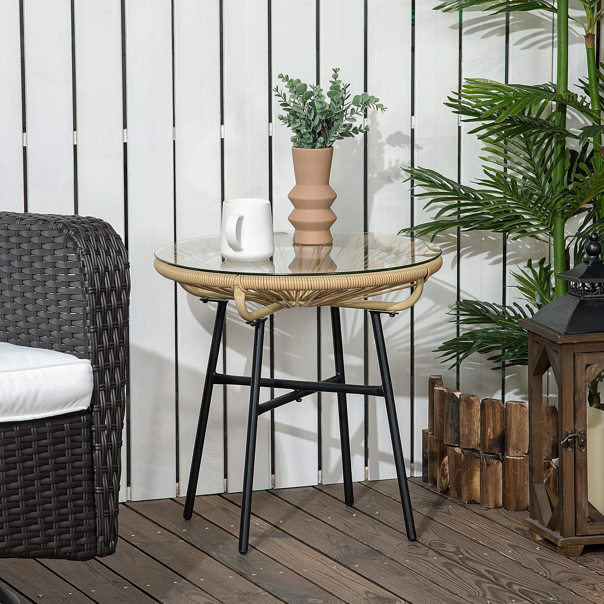 Outsunny Table Basse Ronde Jardin Résine Rotin Métal Plateau Verre Trempé Ø 50 x 50 cm Beige