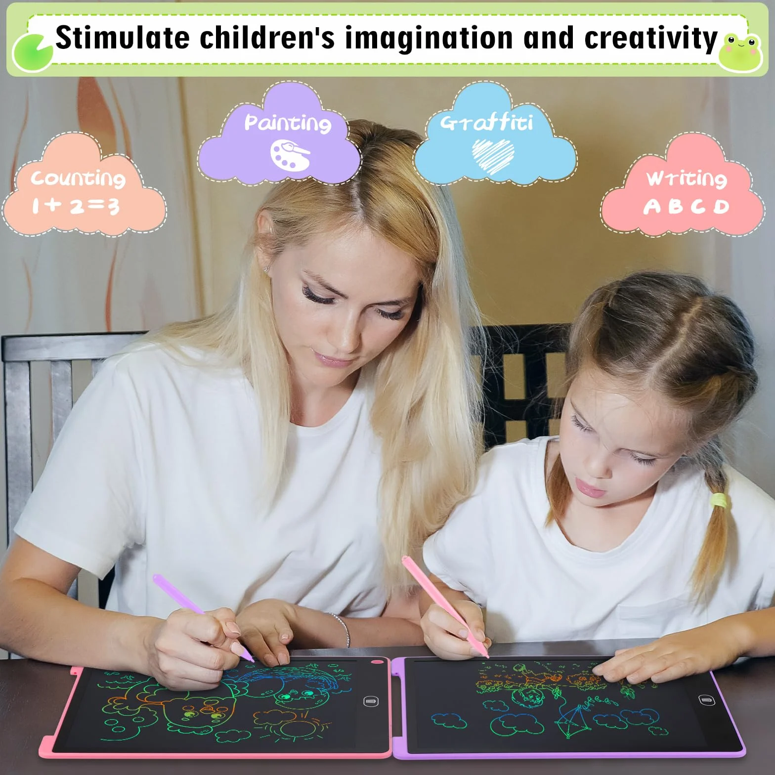 Tablette D'écriture LCD 13 Pouces Écran Coloré Effaçable avec Autocollants Animaux Rose Violet 2 Pack
