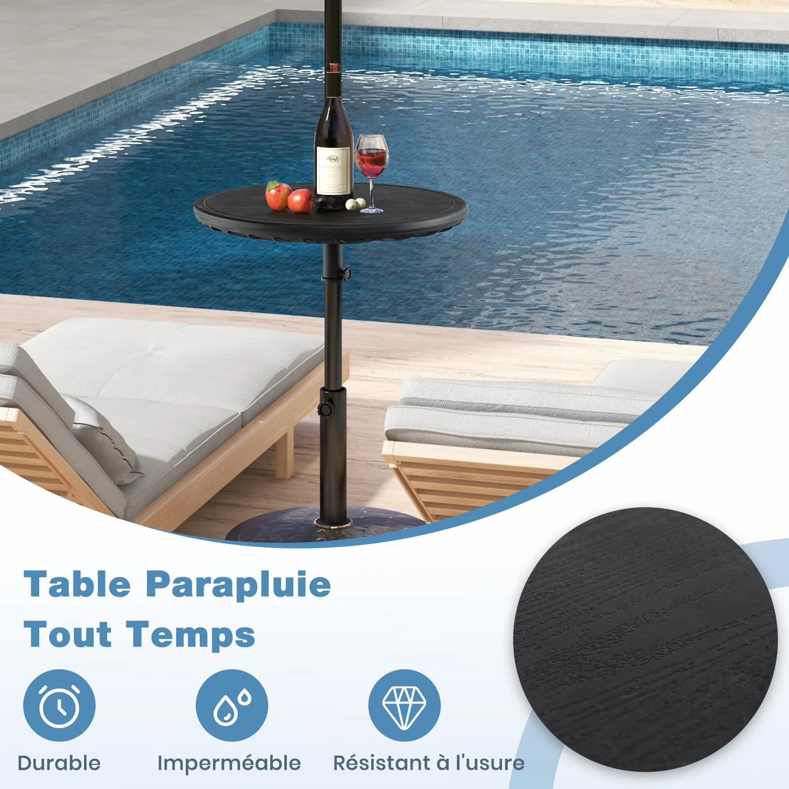 RELAX4LIFE Table de Parasol de Jardin Ronde Φ 50CM Hauteur Réglable Trou de Parasol 38 mm Plateau PE Imitation Grain de Bois Noir
