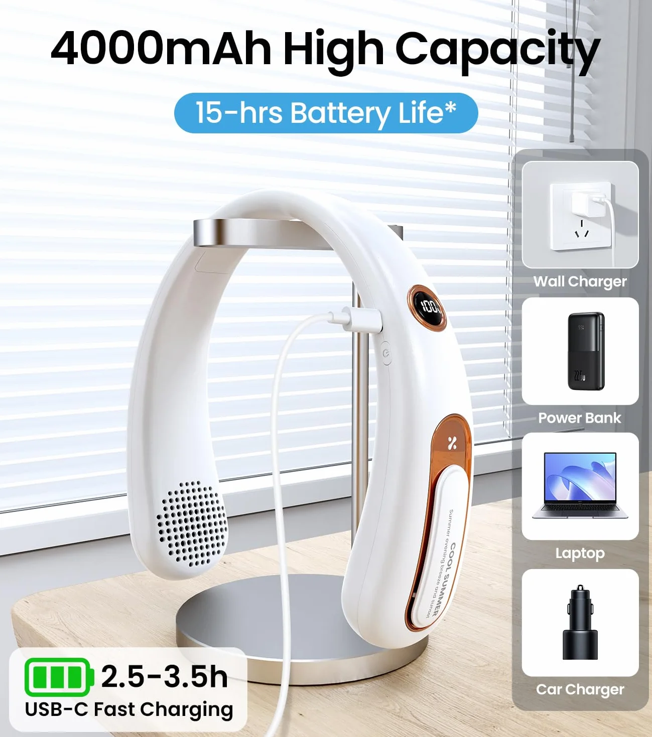 Ventilateur de Cou Portable USB Rechargeable 4000mAh 15H Silencieux sans Pale 3 Vitesses LED 360°