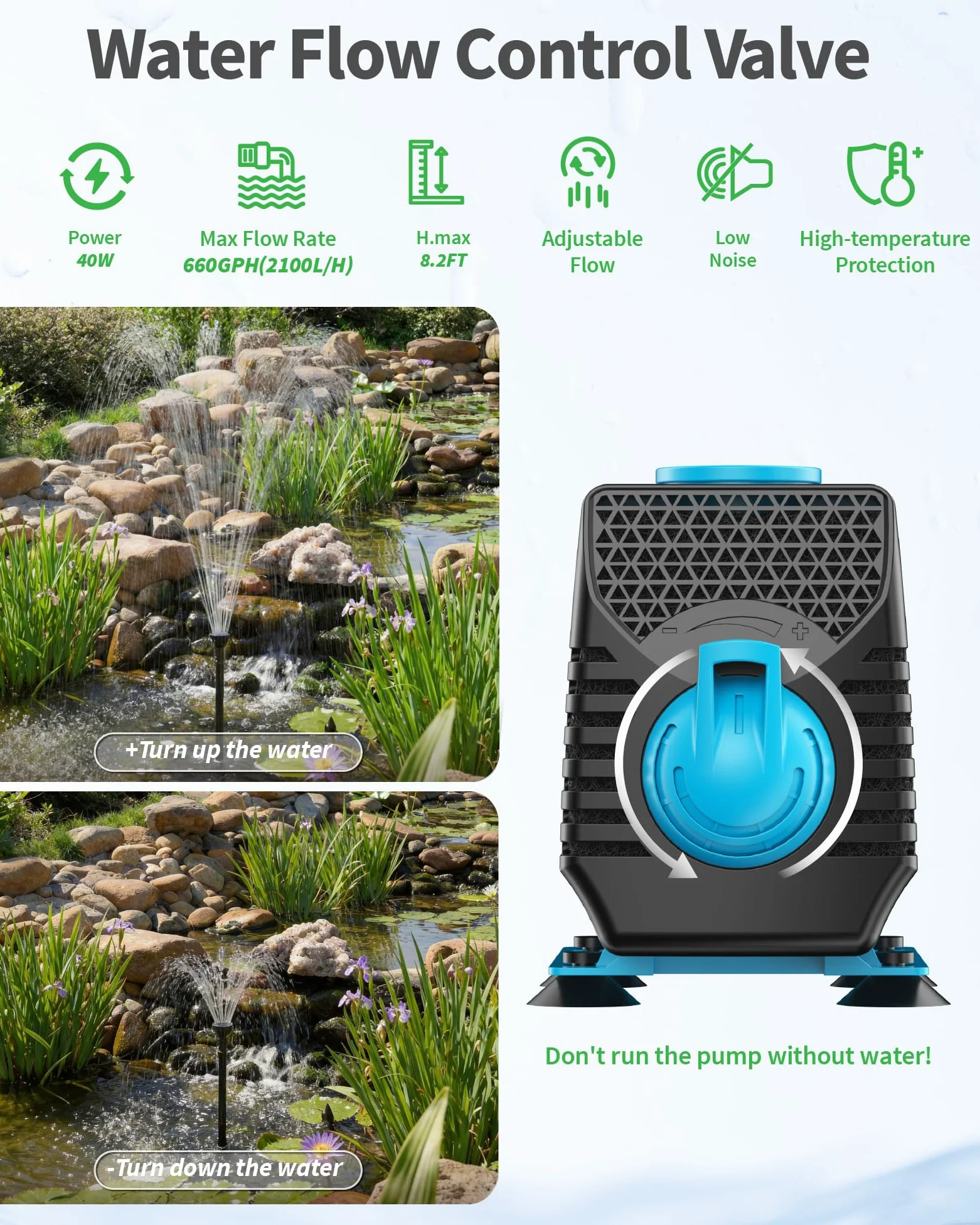 POPOSOAP Fontaine de Bassin Solaire avec lumières RGB - Pompe Submersible 40W, débit 2100L/h, Hauteur et débit réglables pour décoration Jour & Nuit et amélioration de la qualité de l’Eau