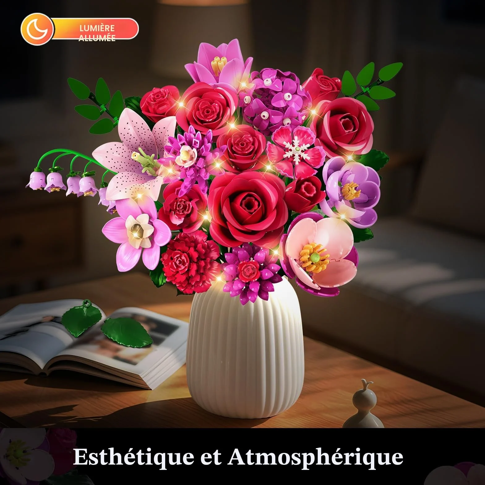 CUBIMANA Bouquet de Fleurs LED 21 Roses Rouges Collection Botanique 832PCS