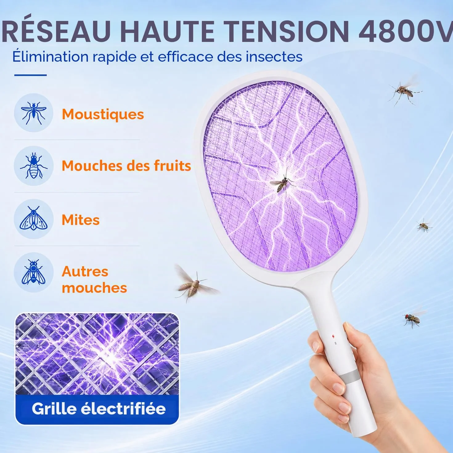 Raquette Electrique Insectes 4800V Tapette Moustique avec Piège Lumière UV Rechargeable USB 2000mAh Blanc