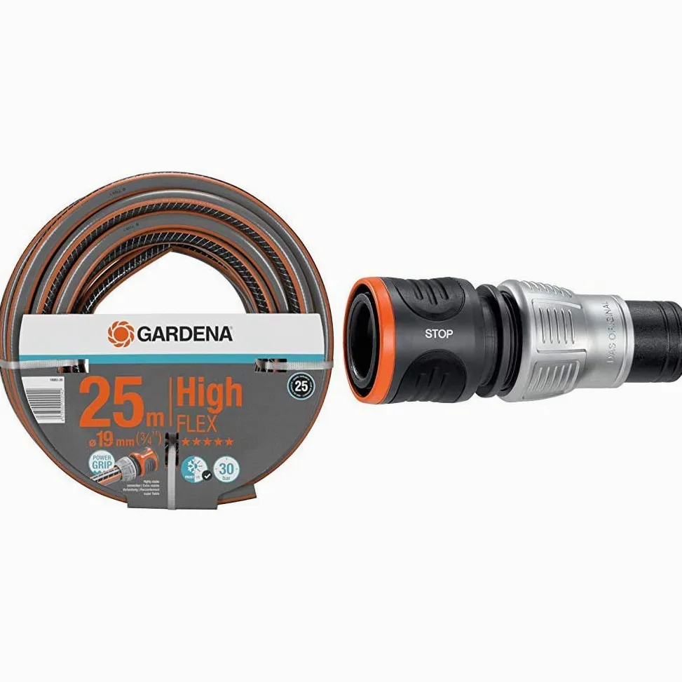 Tuyau d'Arrosage Comfort Highflex de Gardena 19 Mm (3/4"), 25 M : Tuyau à Profil Power-Grip, 30 Bars & Raccord d'Arrosage Premium Aquastop 19 mm (3/4") : Aquastop, Bon Maintien du Tuyau, Emballé