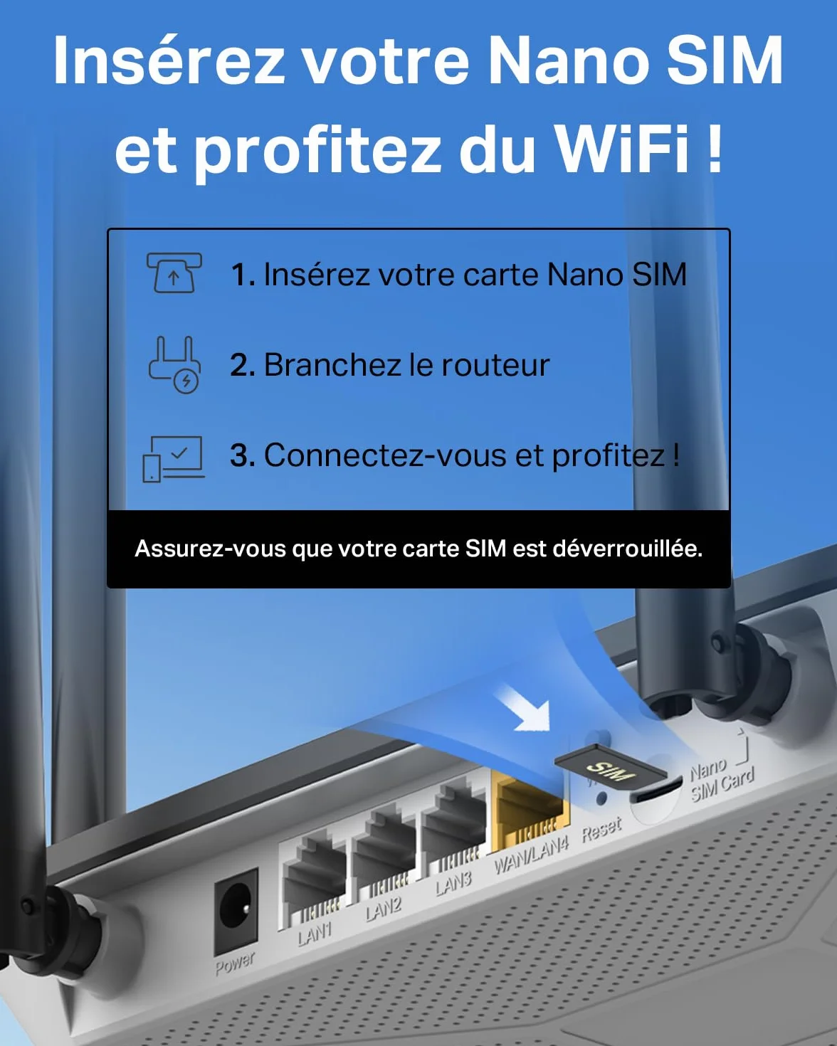 Mercusys MB115-4G Routeur 4G LTE WiFi 300 Mbps 2.4 GHz Carte SIM Nano 4 Antennes