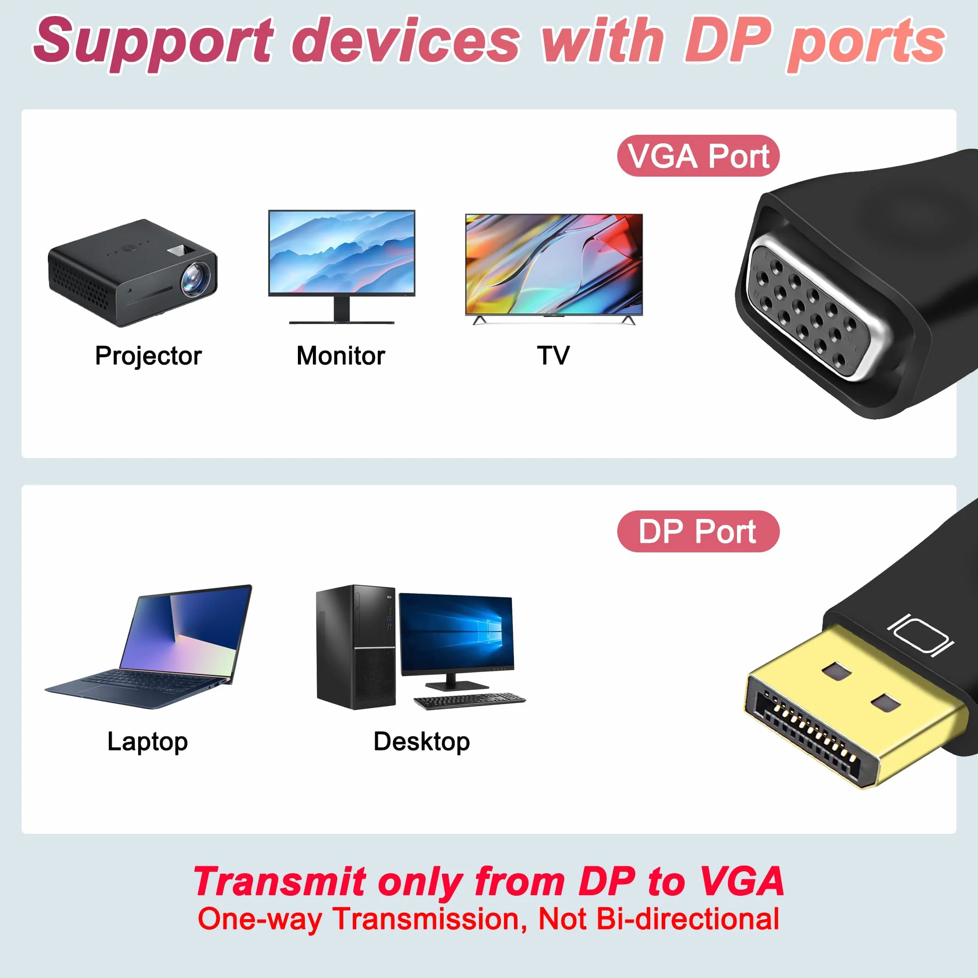 MEIRIYFA Lot de 2 adaptateurs DisplayPort DP vers VGA femelle 1080P noir