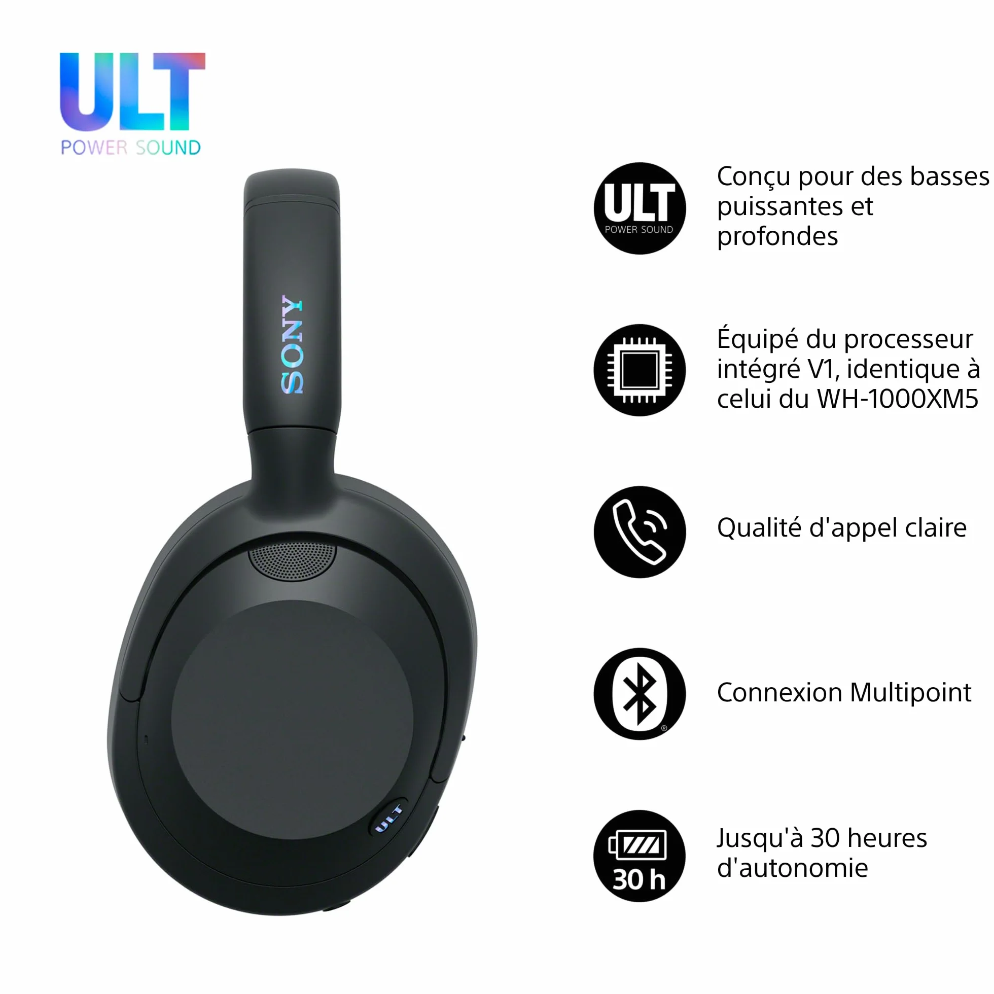 Sony ULT Wear Casque sans Fil Bluetooth ULT Power Sound Basses Profondes Réduction de Bruit Autonomie 30 Heures Noir