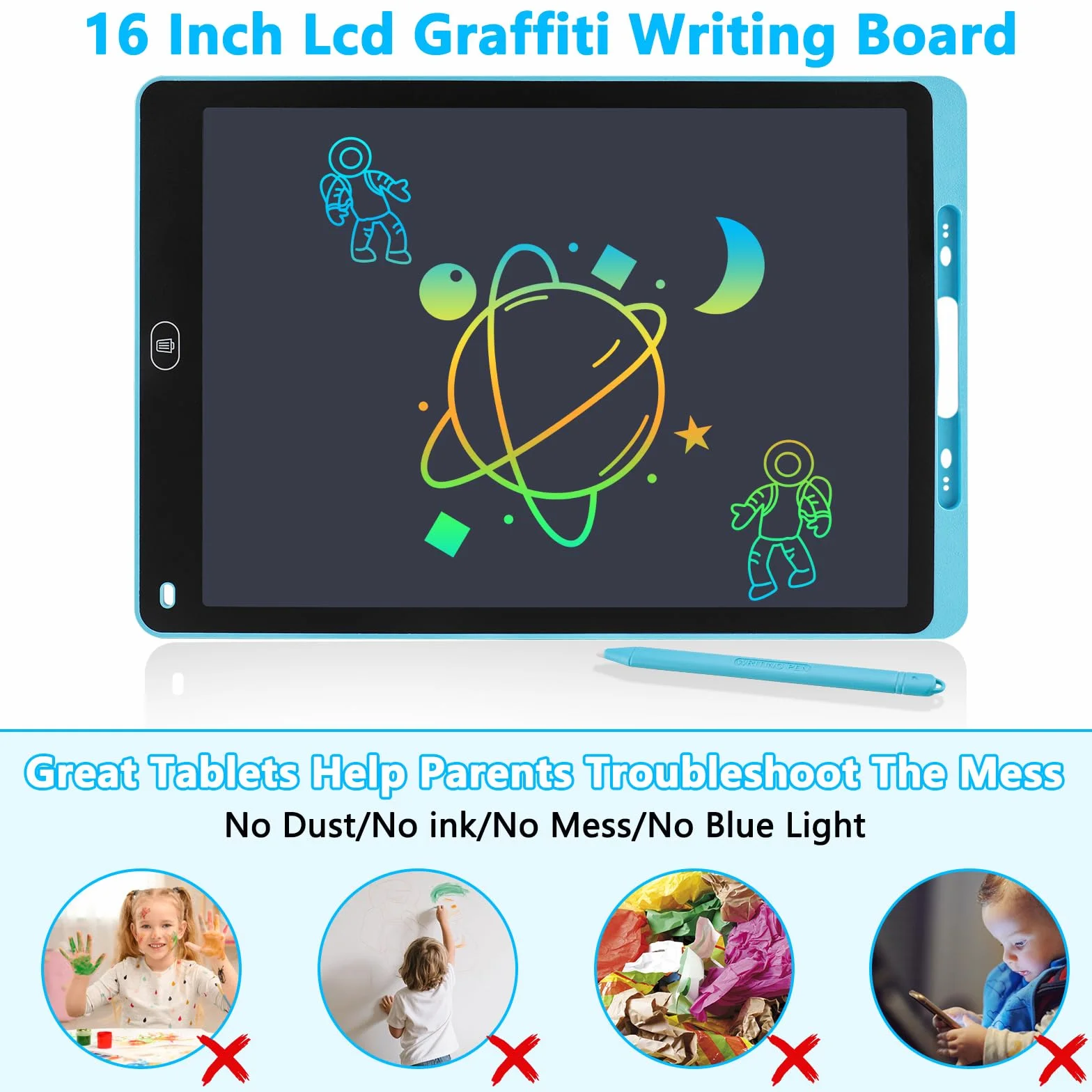 Tablette Dessin Enfant 16 Pouces Ardoise Magique LCD Colorée avec Verrouillage et Effacement Jouet Éducatif Filles Garçons 3-12 ans Bleu