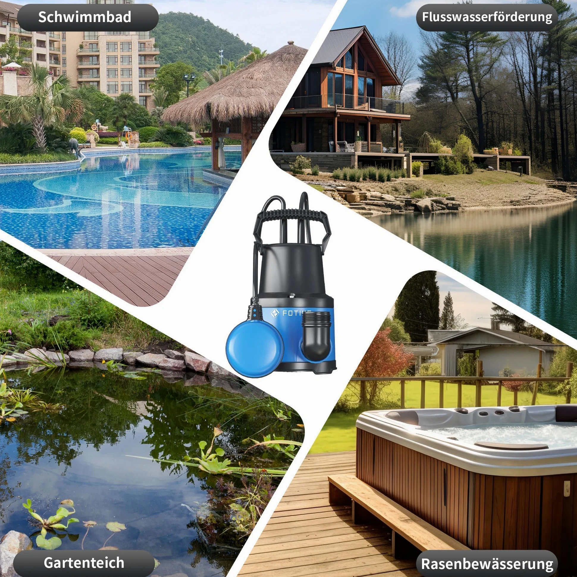 FOTING Pompe submersible 400 W, 8000 l/h, hauteur d'extraction maximale 8 m, profondeur d'immersion maximale 7 m, interrupteur à flotteur réglable, protection thermique, pour piscine, sous-sol