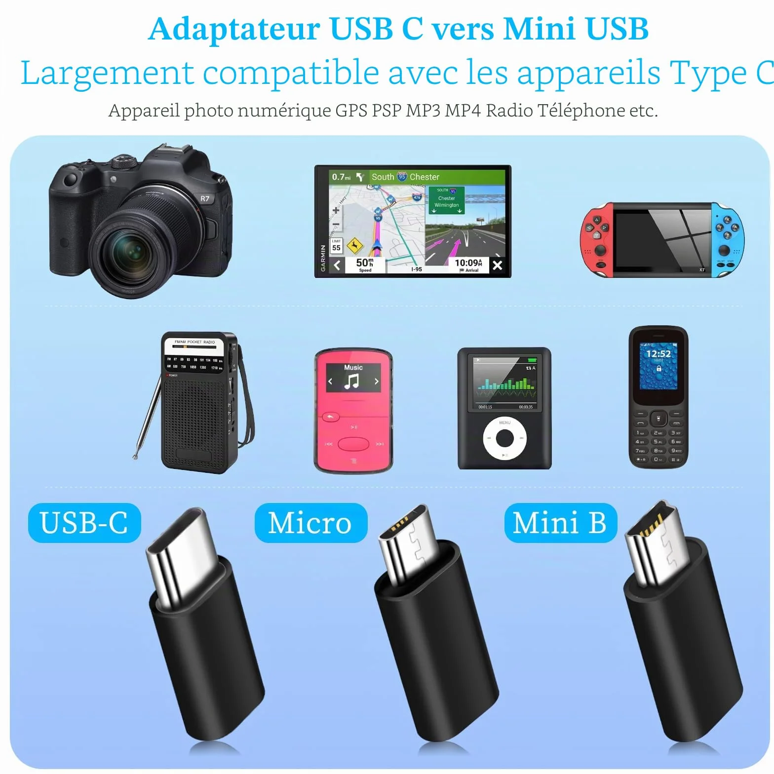 Adaptateur USB C 6 pièces USB C vers Mini USB Micro USB vers USB C Compatible Ordinateurs Portables LG