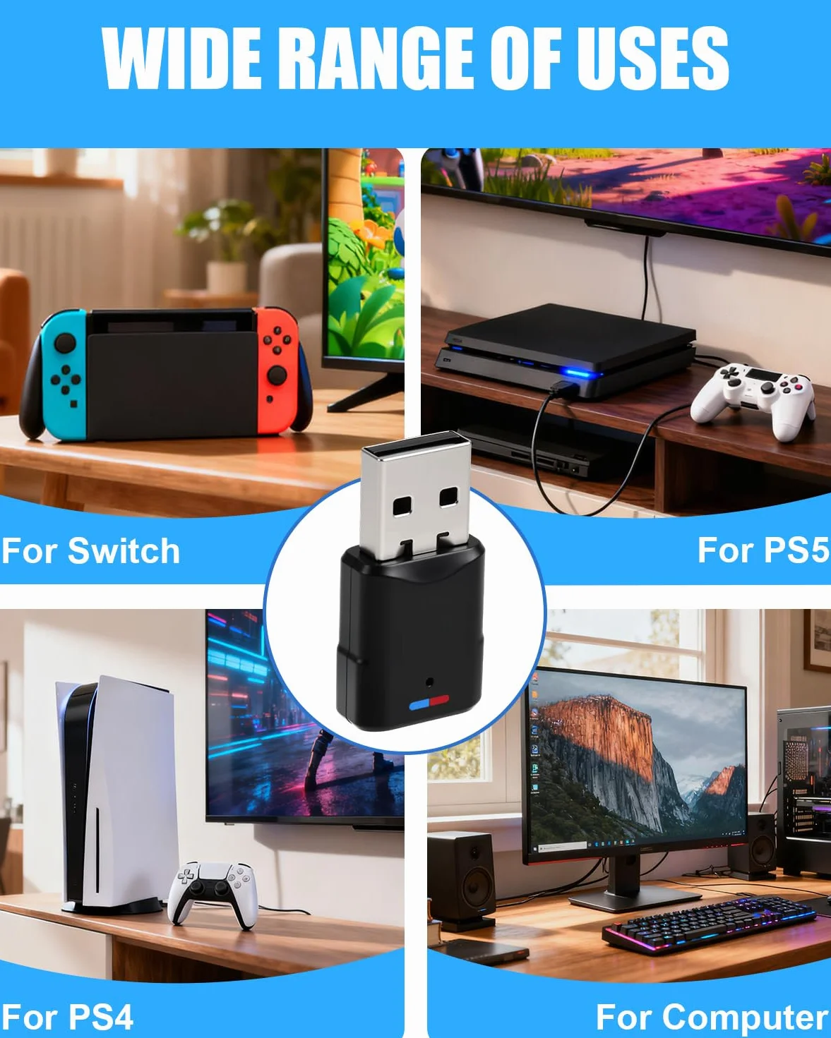 Adaptateur USB Bluetooth 5.3 pour PS4 PS5 PC Switch Audio Dongle Faible Latence