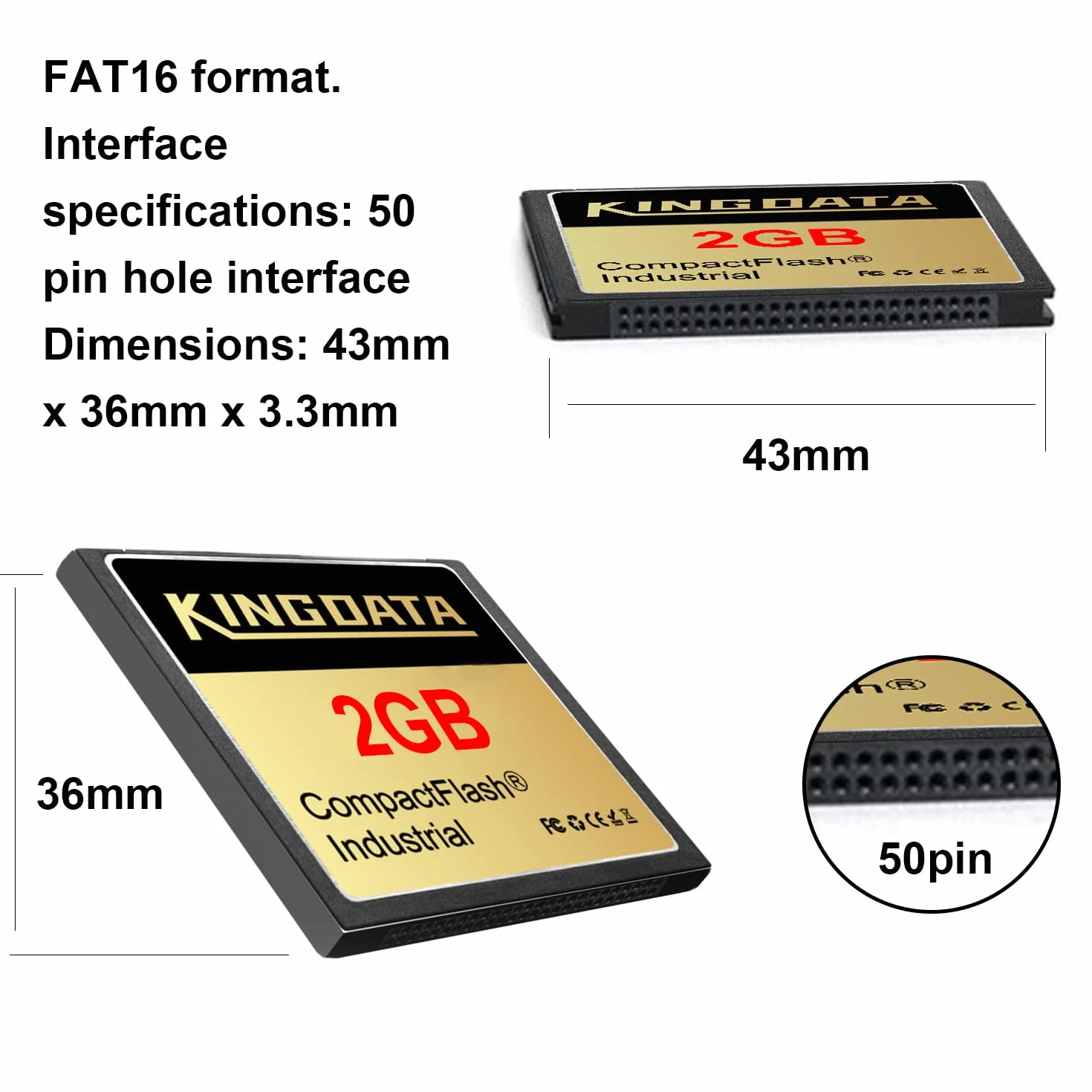 Carte mémoire Compact Flash Industrielle FAT16 Type I 2Go pour équipements industriels et appareils photo numériques anciens