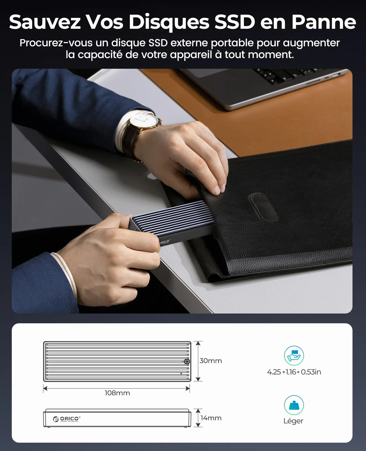 ORICO Boîtier SSD M.2 NVMe 10Gbps USB-C Adaptateur Externe USB3.2 Gen2 pour M.2 PCIe NVMe M-Key 2230/2242/2260/2280