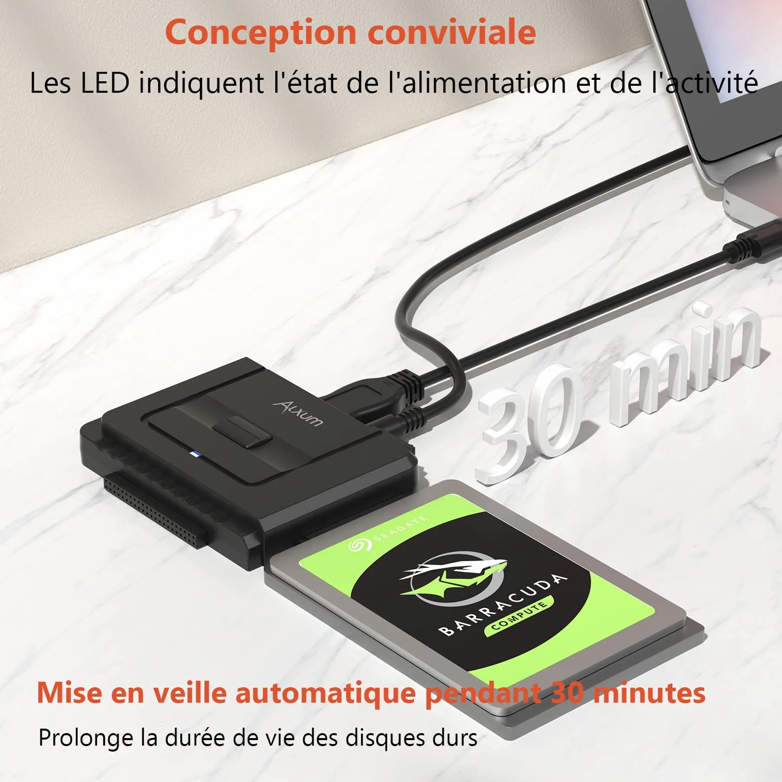 Alxum Adaptateur USB 3.0 vers IDE/SATA Disque Dur 2.5/3.5 Pouces HDD SSD avec Alimentation DC 12V 2A
