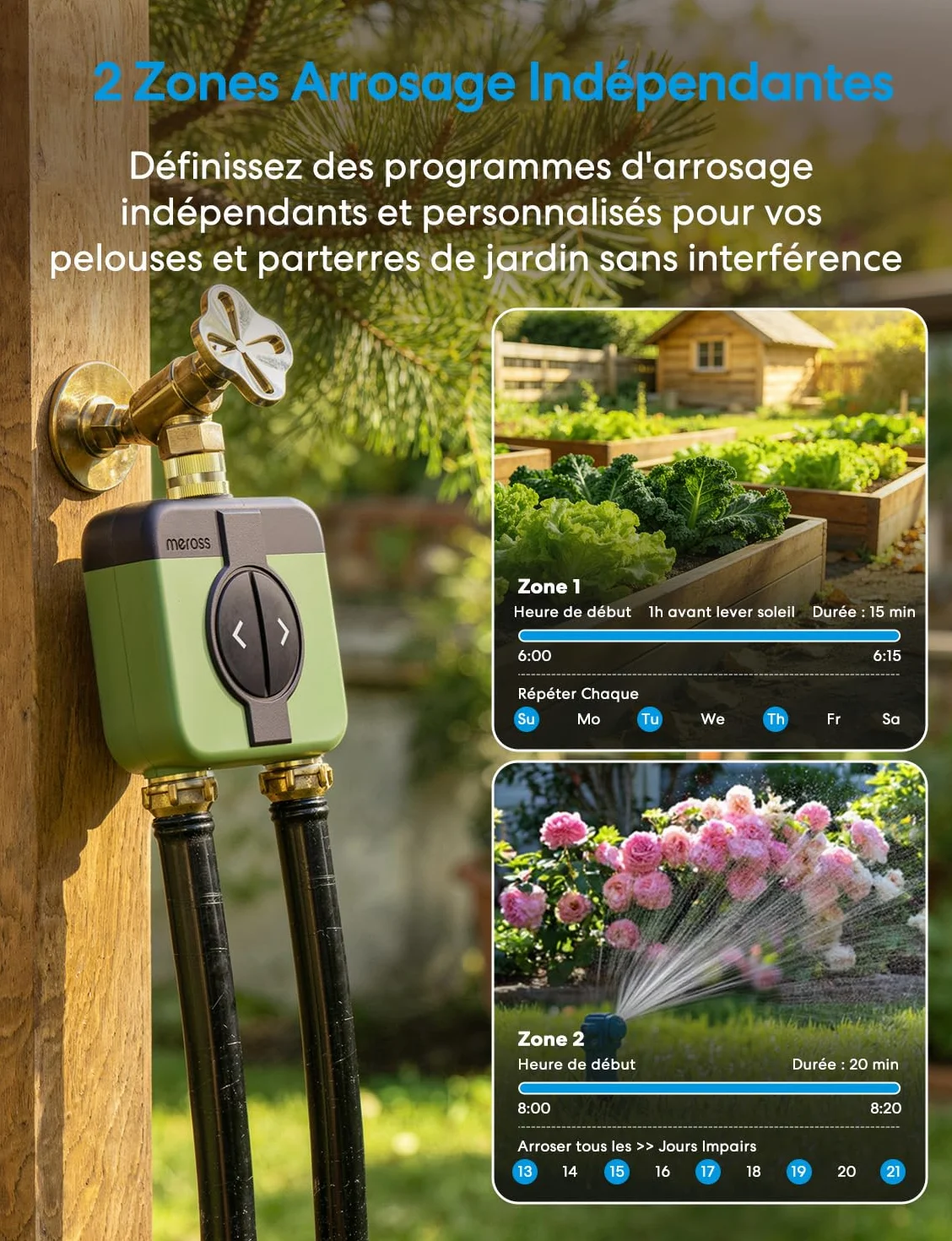 Meross Programmateur Arrosage WiFi 2 Voies MST200, Arrosage Automatique & Contrôle à Distance - APP, Retard Pluie & Suivi Conso d'Eau, Compatible avec Apple HomeKit, Alexa et Google Home, Vert, 2.4GHz