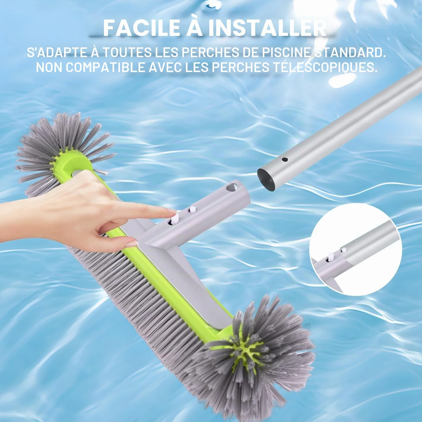 Tête de Brosse de Piscine 45cm Balai Piscine Brosses Poils Robustes Manche Aluminium Hémisphérique Mur Sol