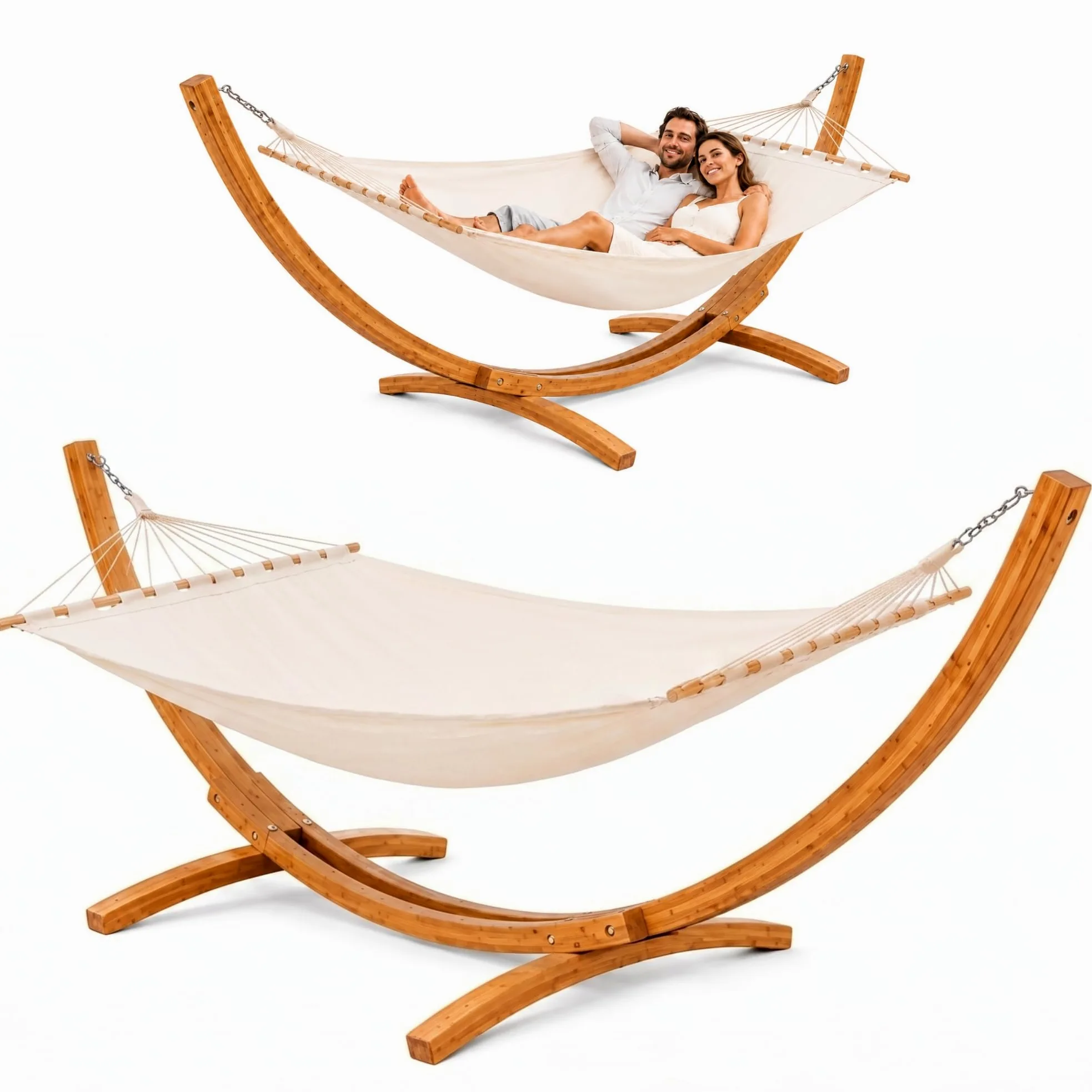AMANKA Hamac XXL avec Support en Bois de Mélèze - Charge Maximale 150 Kg - pour 2 Personnes - Toile de Coton Suspendue - Structure Stable et Durable avec Mousquetons - Accessoire de Détente