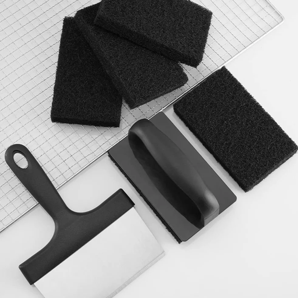 Tampons à Récurer à Dessus Plat Anti-Rayures Noir avec Grattoir 6 Pouces pour Plaque Chauffante