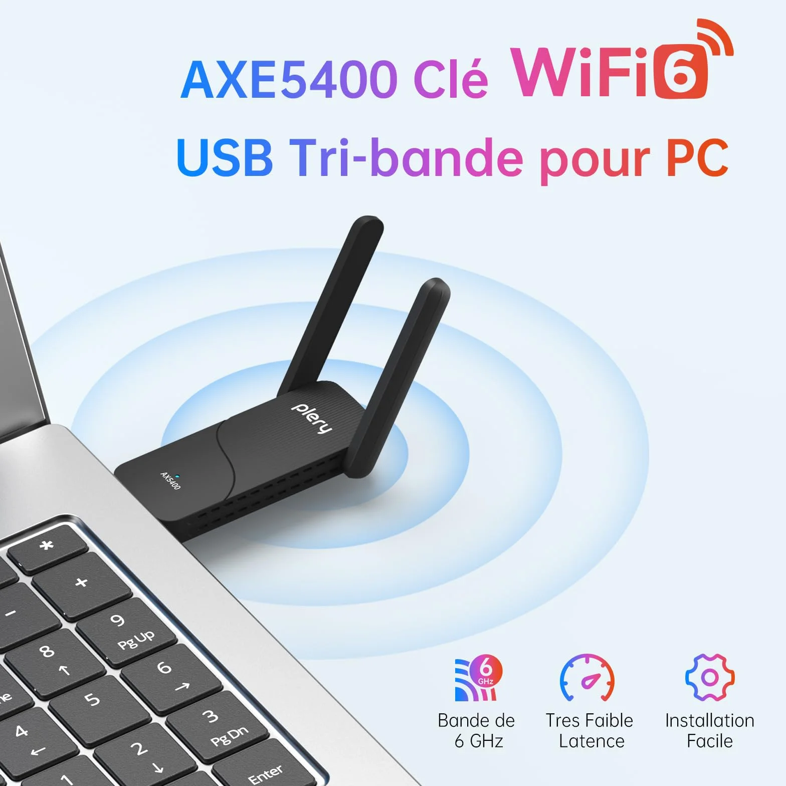Clé WiFi 6 5400Mbps Tri-Bande 6GHz 5GHz 2,4GHz 2×6dBi Antenne USB 3.0 Dongle PC Windows 11/10 WPA3