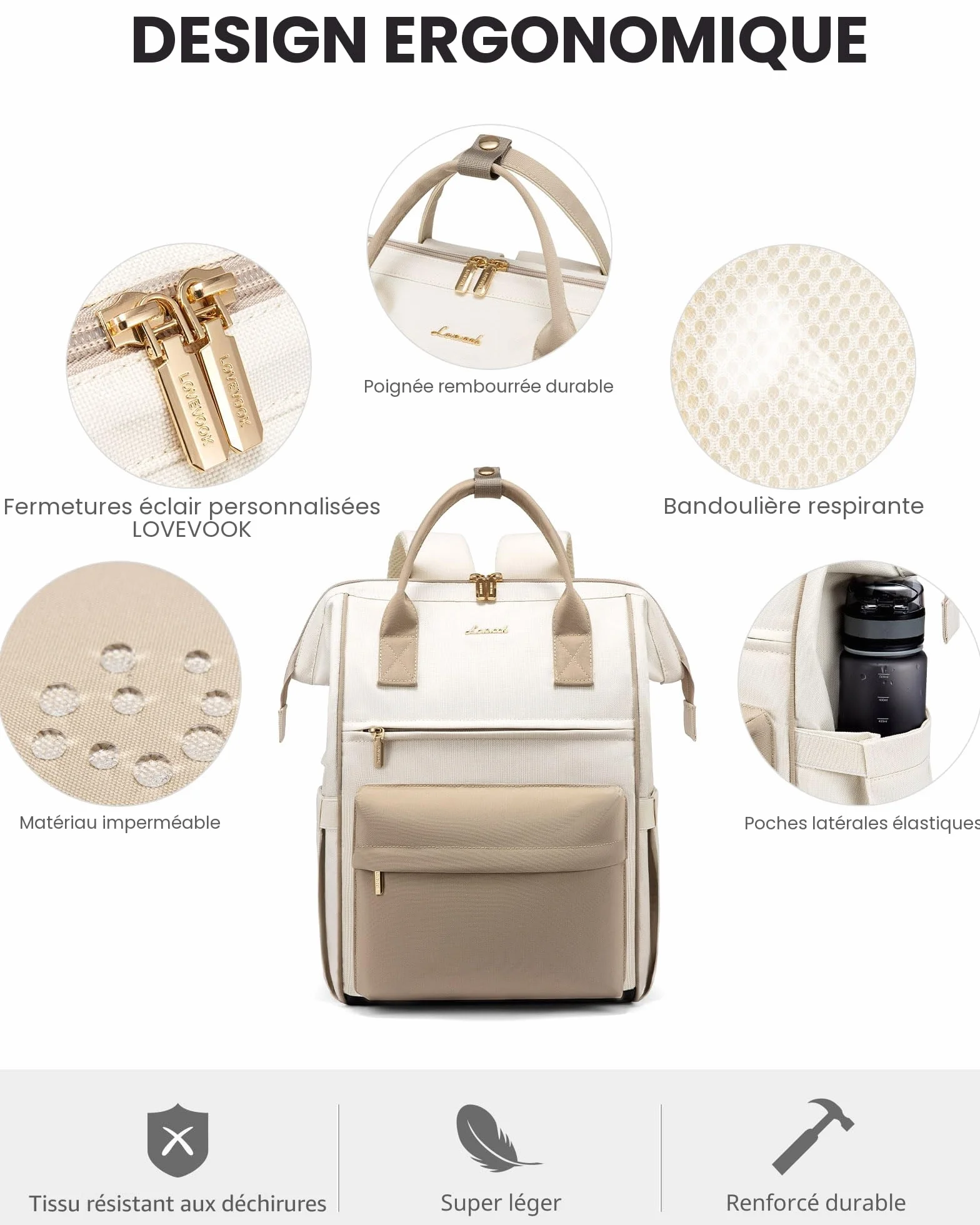 LOVEVOOK Sac à Dos Femme 15.6 Pouces Ordinateur Portable Voyage Antivol Etanche Kaki