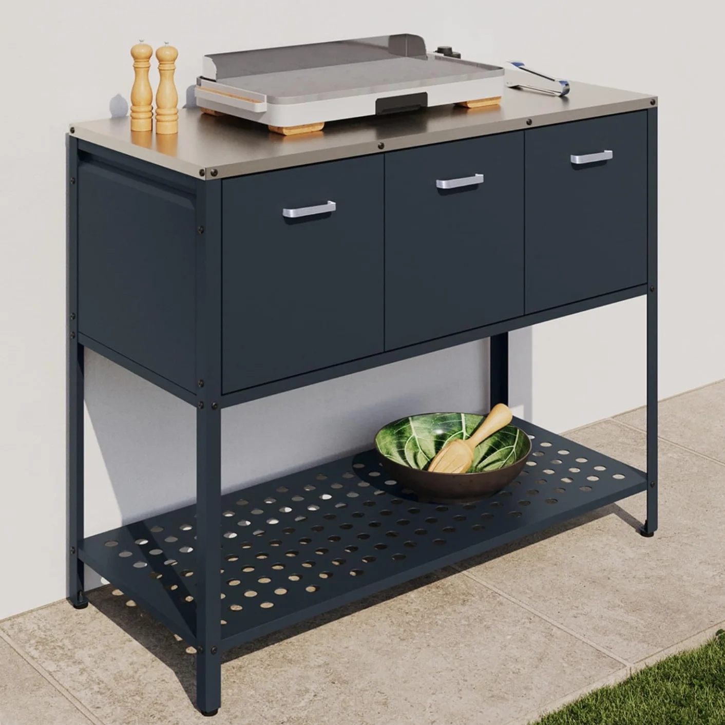 Meuble de Cuisine extérieure Pareo 3 Portes avec étagère en Acier Gris Anthracite