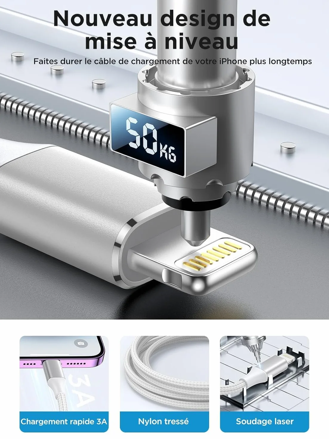 Câble iPhone 2M Lightning USB MFi Charge Rapide Nylon Tressé pour iPhone 14 13 12 11 Pro Max XS XR X 8 7 6 6s SE iPad