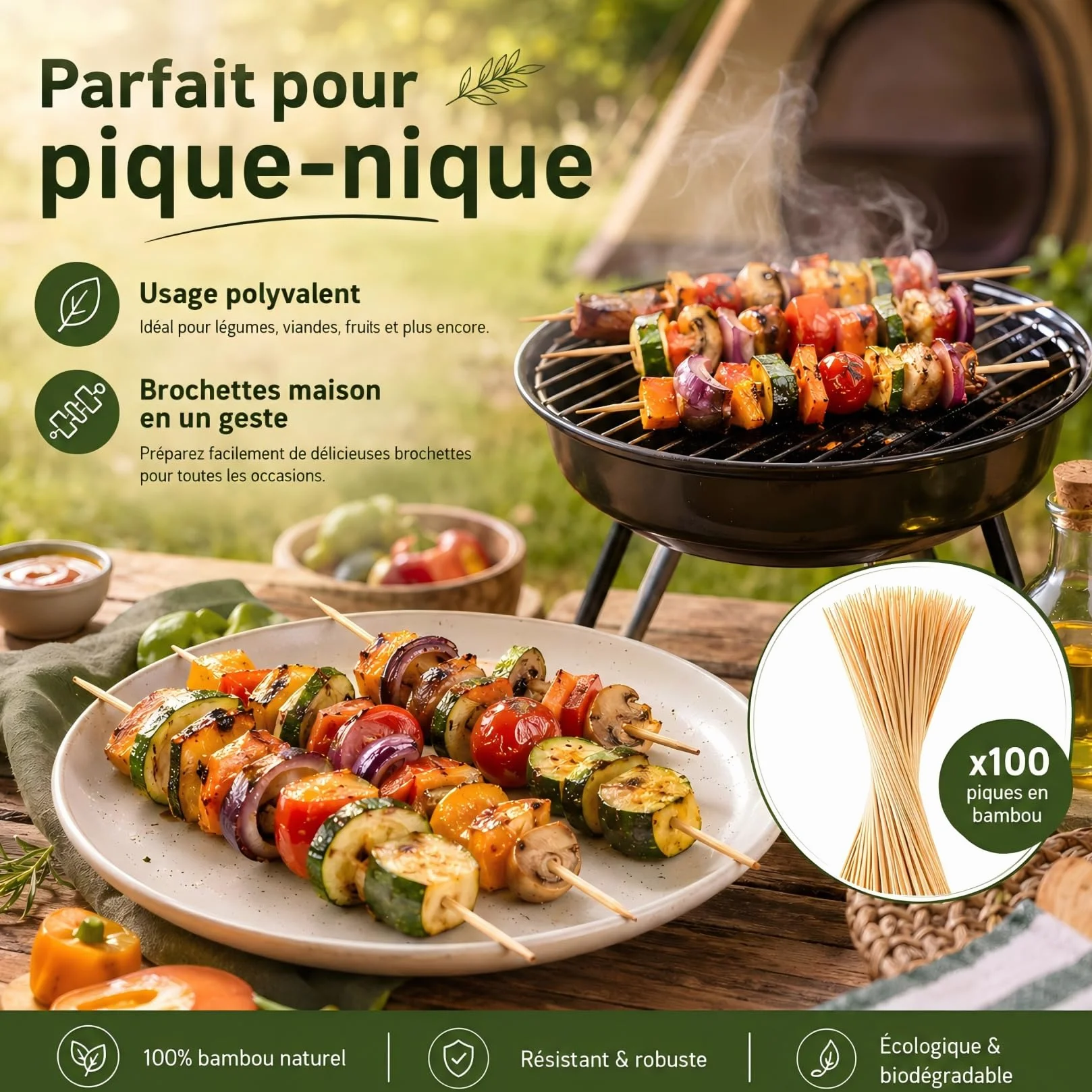 Lot de 100 Pics à Brochettes en Bois 3.5mm x 15cm pour Barbecue, Grillades, Fruits et Légumes