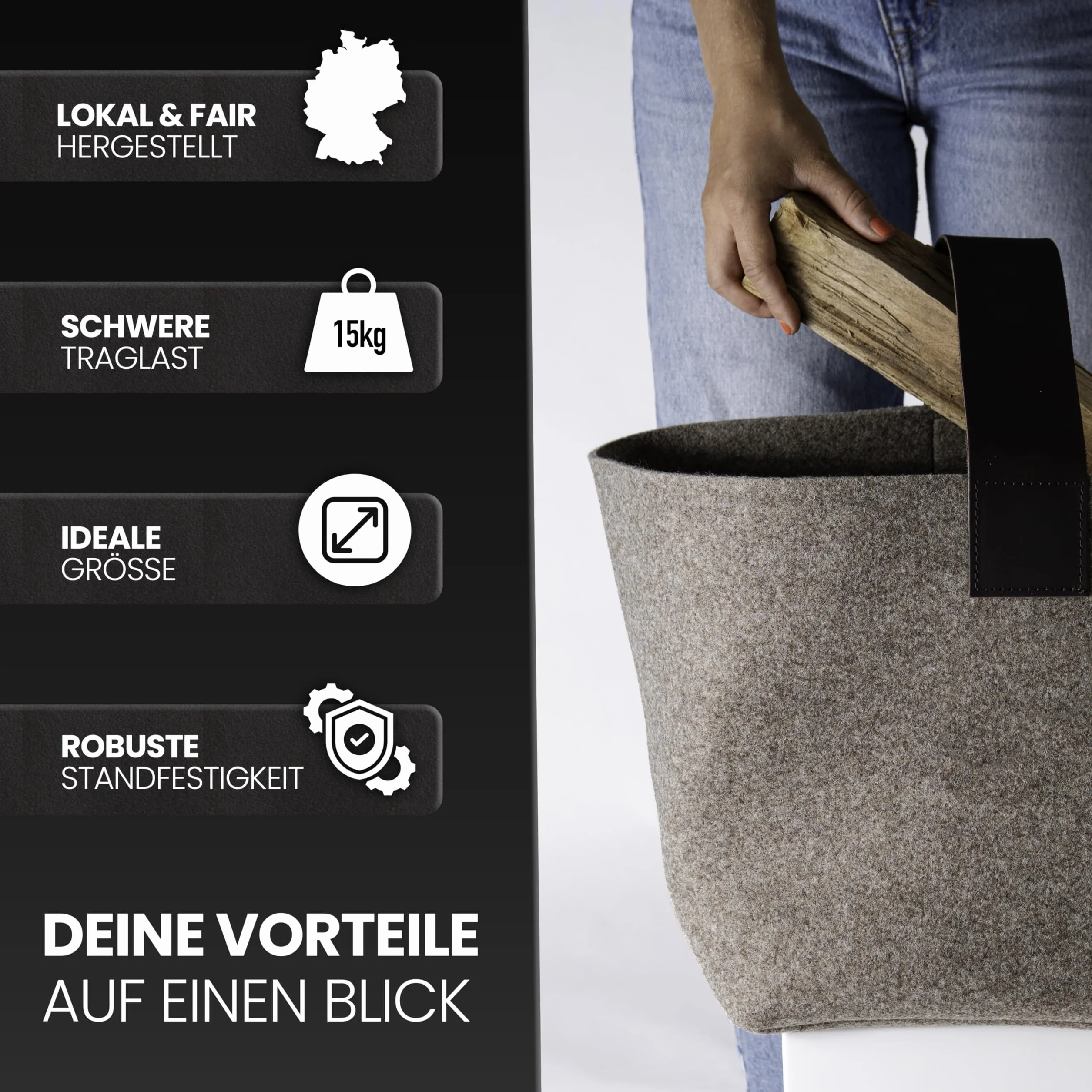 Panier à bois de cheminée en feutre Designer 40L Fabriqué en Allemagne Beige