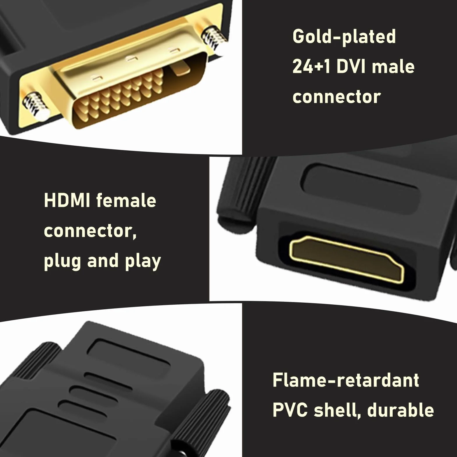 Adaptateur DVI vers HDMI Bidirectionnel Mâle vers Femelle, Connecteur Vidéo Numérique Full HD 1080p, Plaqué Or