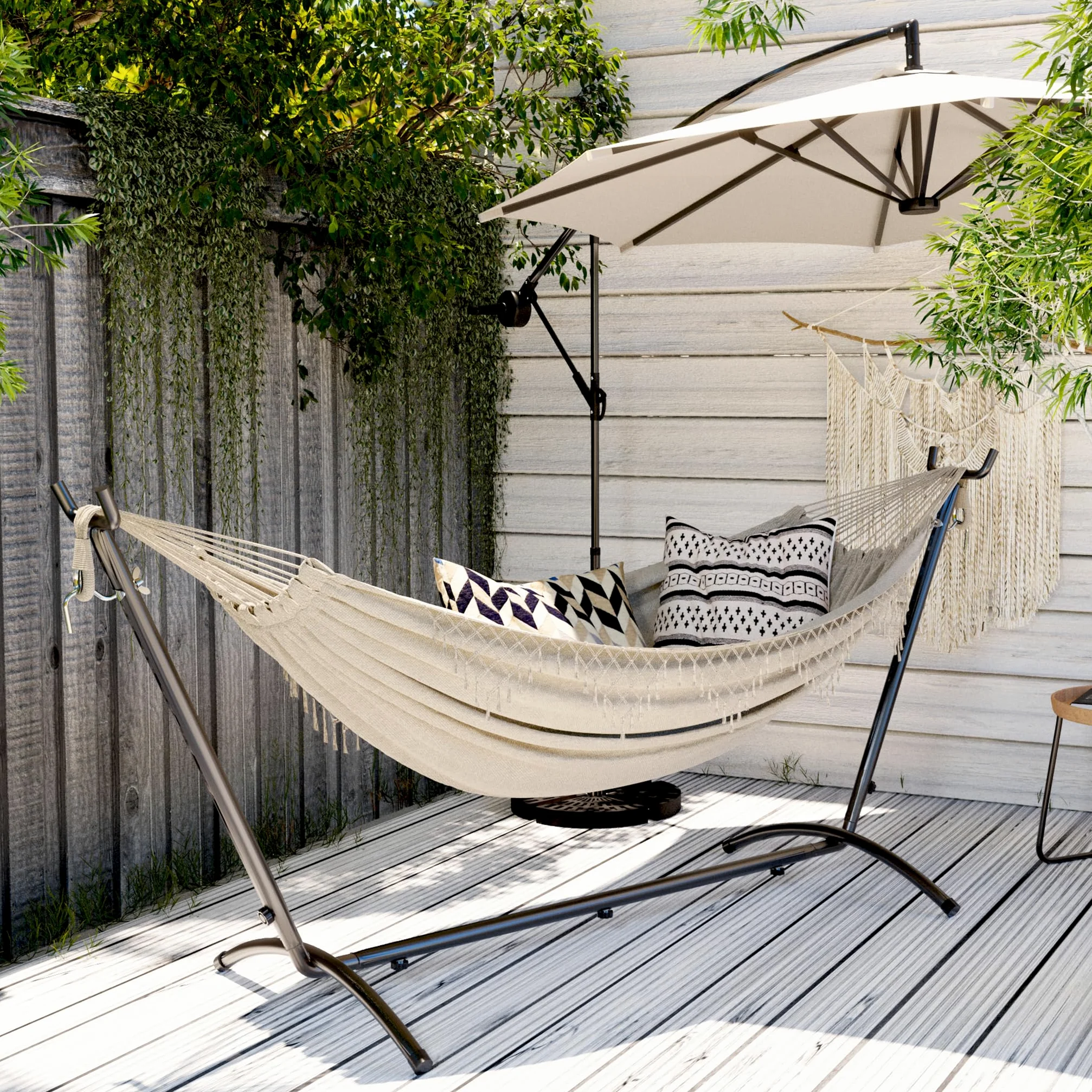 Mondeer Hamac Double avec Support, Bohème hamac sur Pied Portable avec Cadre Robuste Réglable, Adapté Terrasses Extérieures, Patios Jardins, Charge Maximale 200kg, Beige | Hamac de camping portable avec cadre en métal réglable et sac de transport, style b