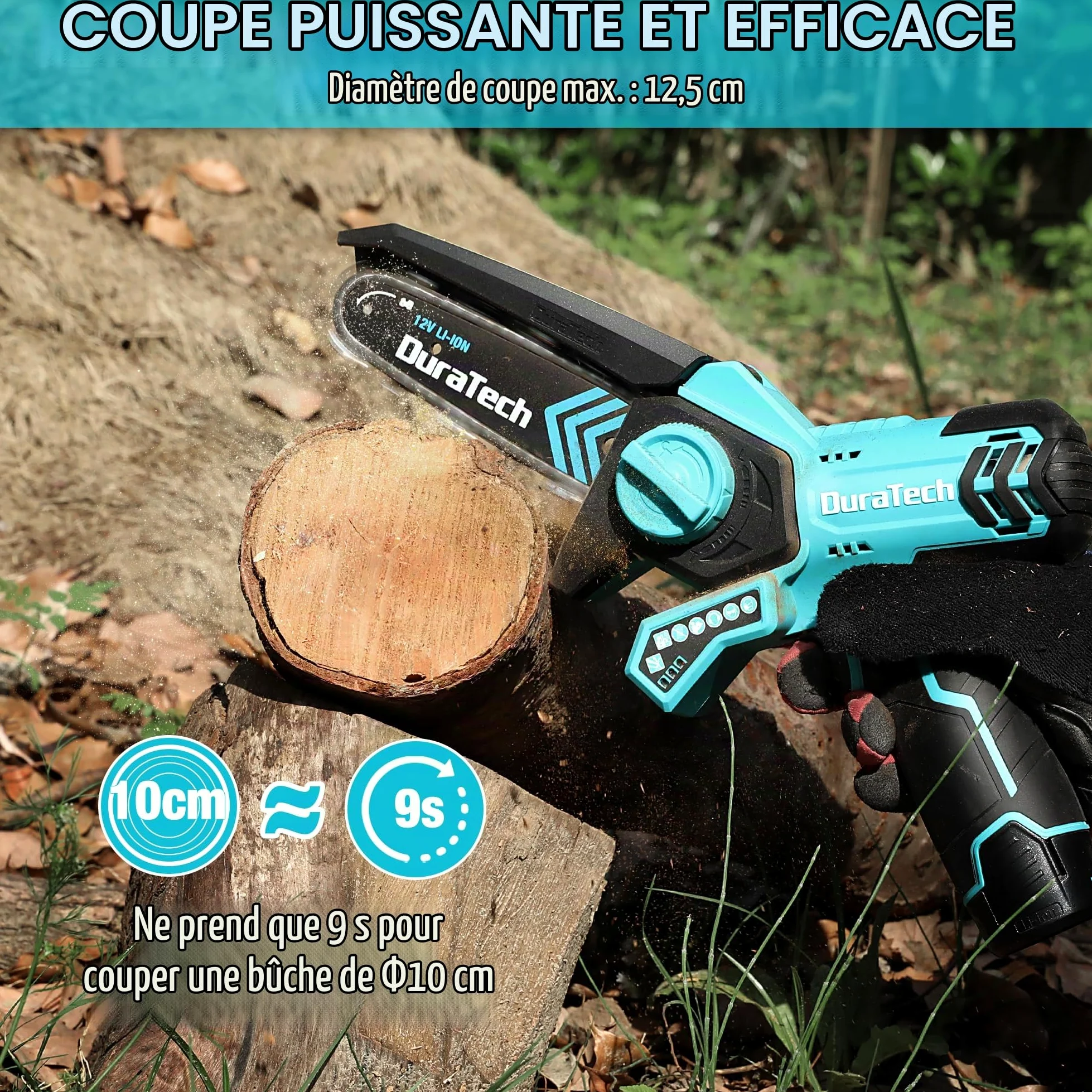 DURATECH Mini Tronçonneuse Sans Fil 12V, Scie Électrique 5 Pouces | 2 Batteries et 2 Chaînes, Idéale pour la Coupe du Bois et l'Élagage de Jardin