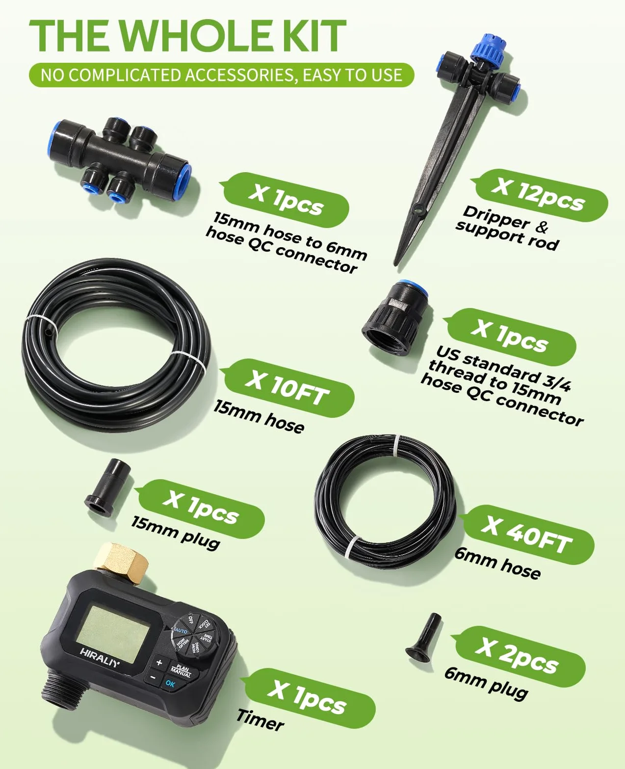 HIRALIY Kits d'irrigation goutte à goutte automatique de 15,2 m avec minuterie de jardin, système d'arrosage de jardin pour terrasse, pelouse, kit de système d'irrigation rapide avec minuterie d'eau