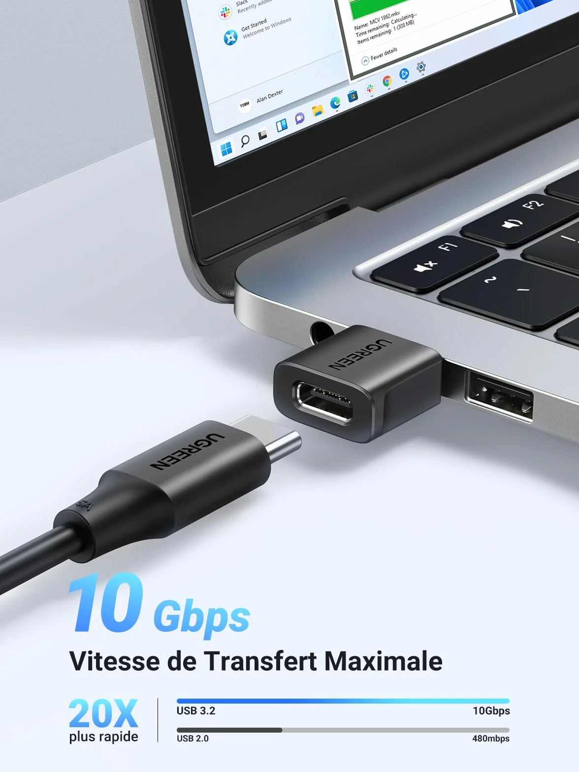 UGREEN Adaptateur USB vers Type C 3.2 10Gbps Lot de 2 Charge Rapide Compatible iPhone 14 13 MacBook iPad Galaxy S24