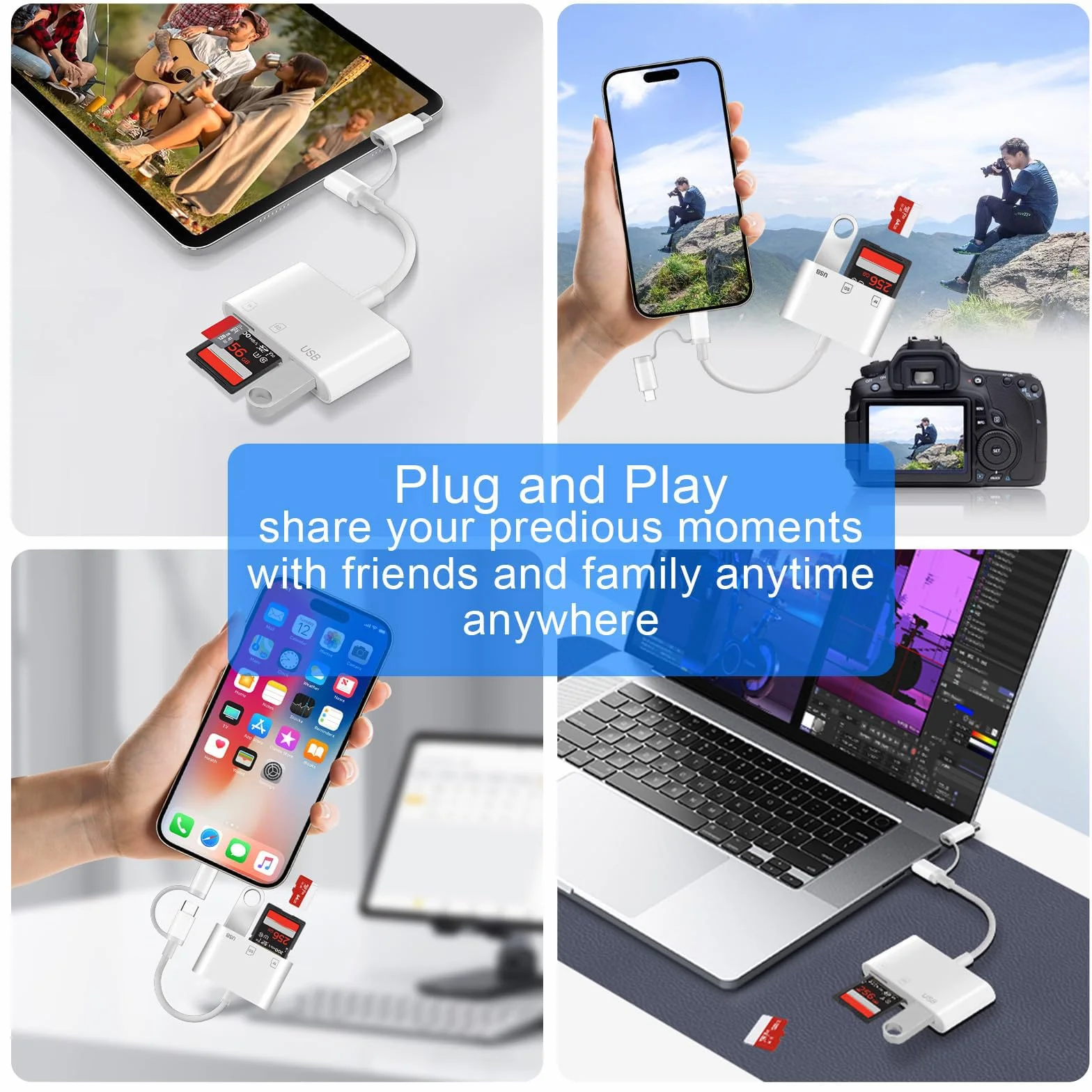 Lecteur Cartes SD pour iPhone 16/15/iPad, Apple MFi Certified, Lightning USB-C Adaptateur SD/Micro SD/USB