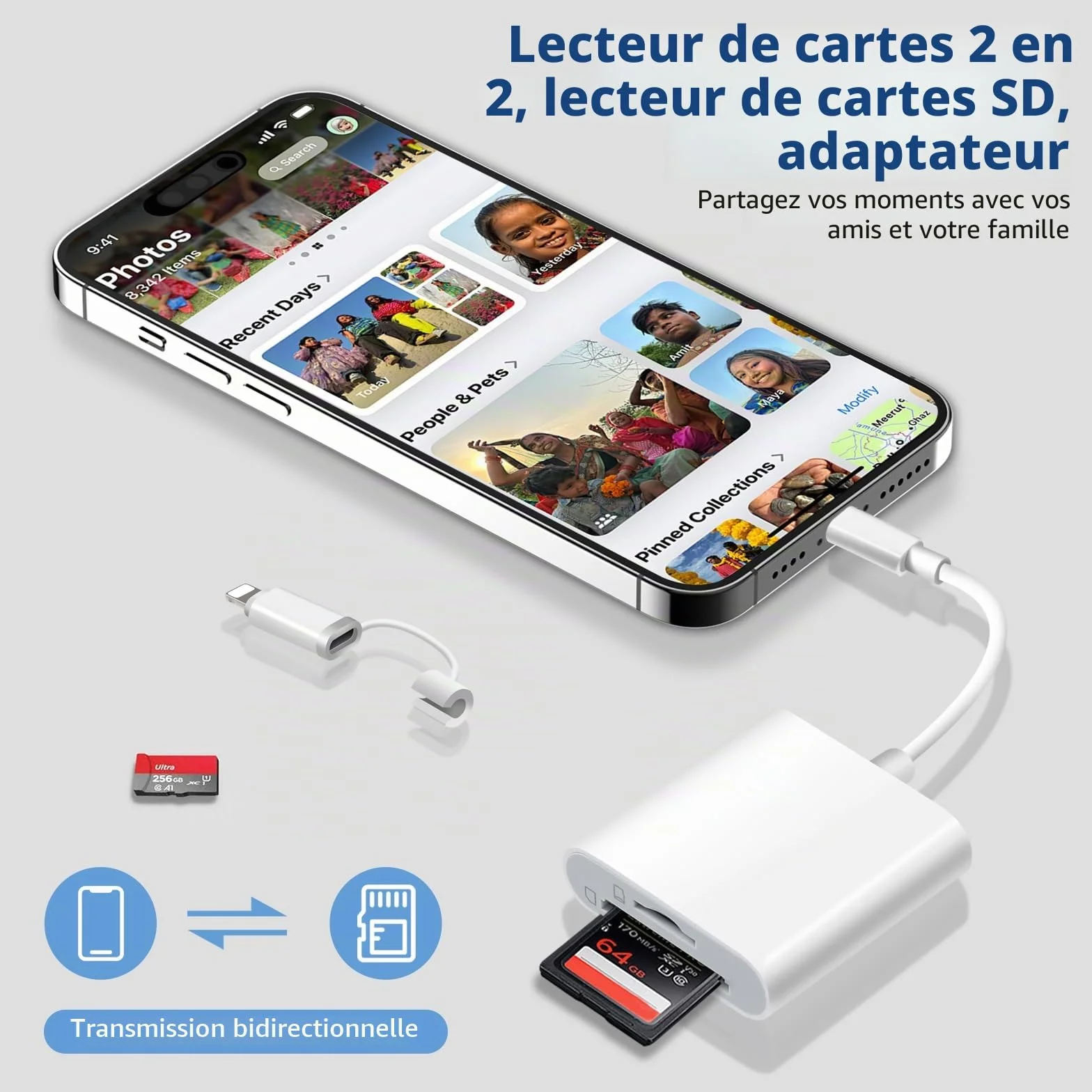 Lecteur de Carte SD Certifié Apple MFi USB-C & Lightning pour iPhone iPad Galaxy