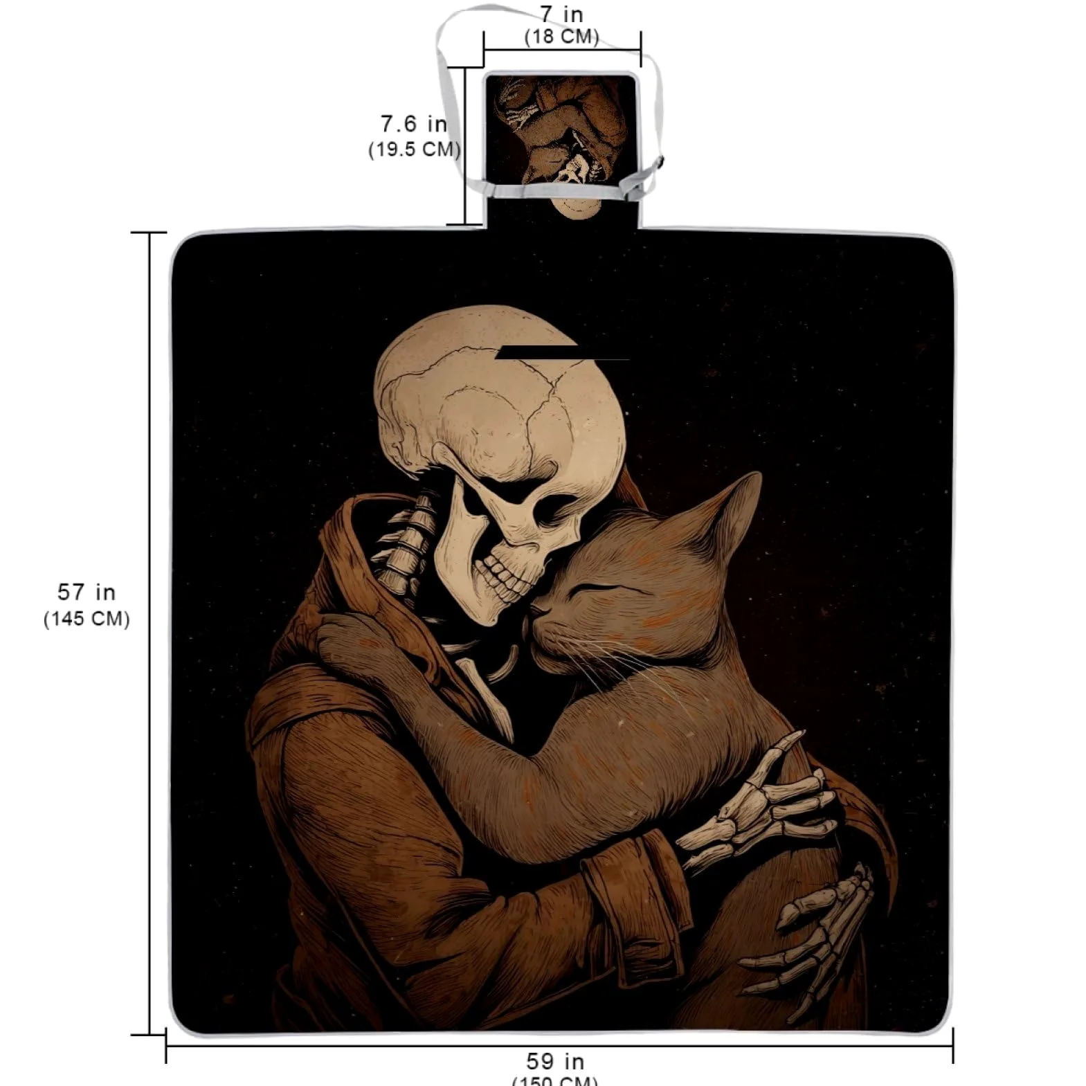 Couverture de pique-nique imperméable motif chat squelette 150 × 145 cm, tapis de pique-nique lavable léger avec poignée pour randonnée, voyage, camping, parcs