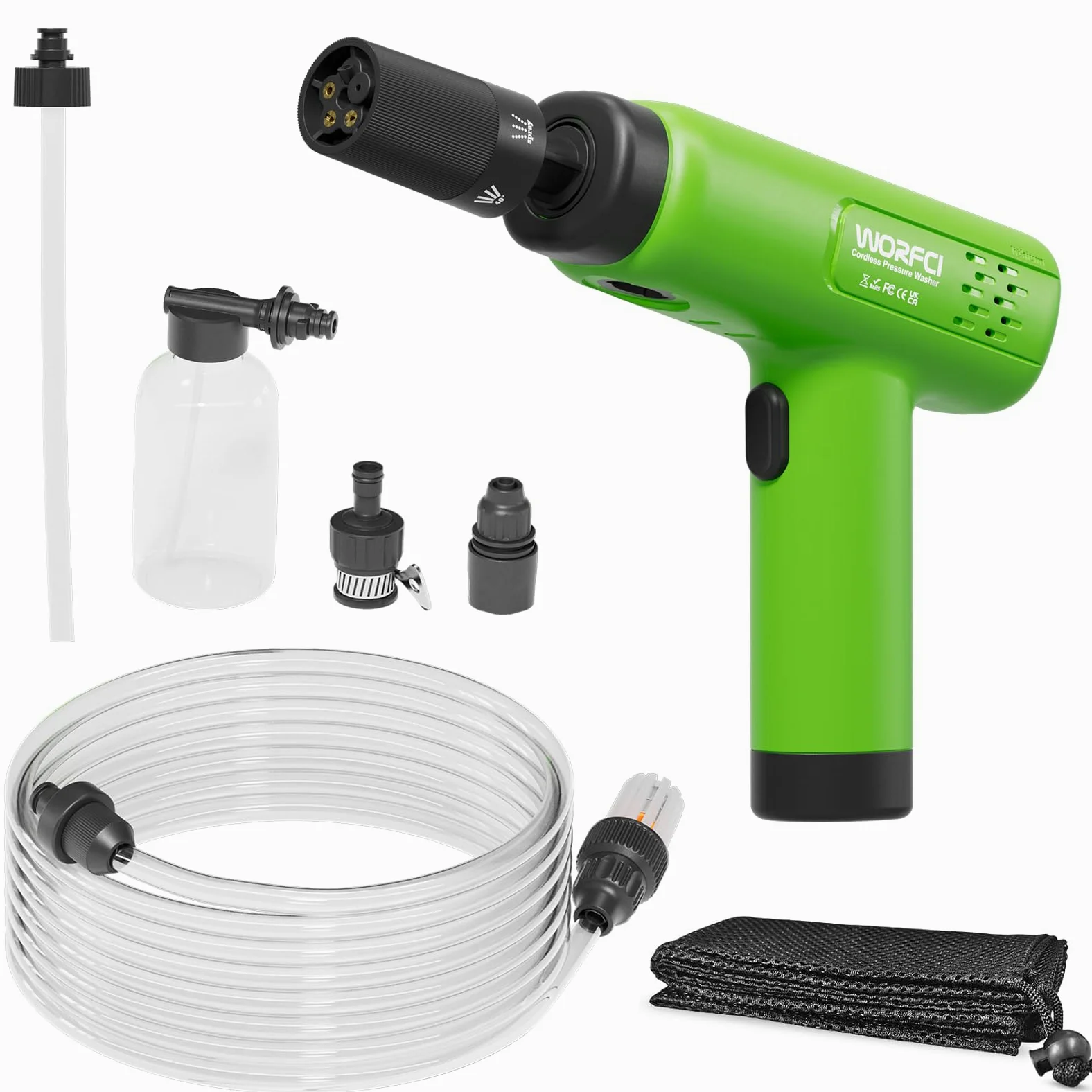 Mini Nettoyeur Haute Pression sans Fil, USB C, Affichage Batterie | Buse 5 en 1, Pot à Mousse Portable, Tuyau de 5 m, Jet de Lavage Portable 260 PSI pour Lavage de Vvélo, Voiture, Caravane
