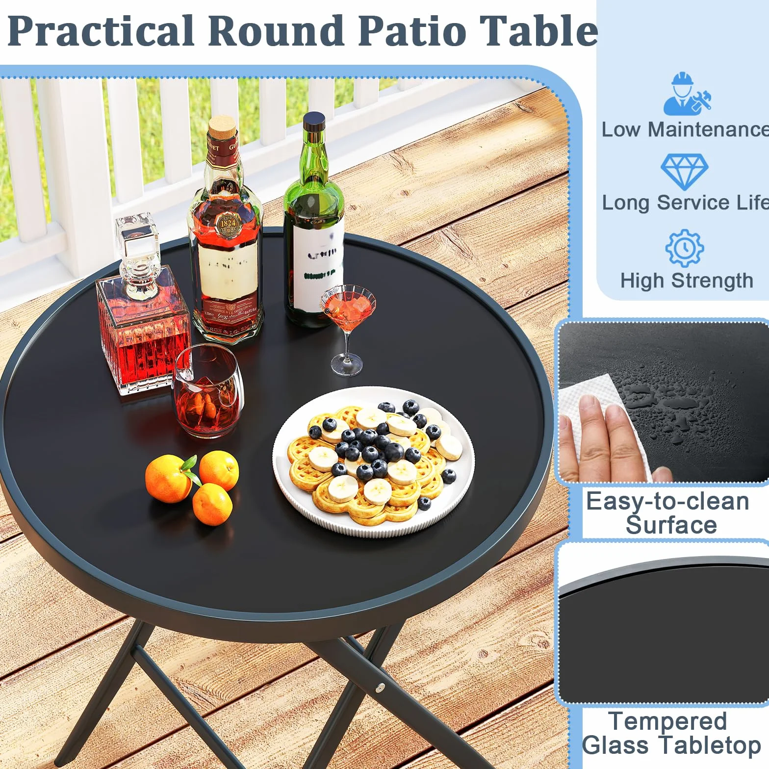 GIANTEX Ensemble Salon de Jardin 3 Pièces Table Ronde Pliante Verre Trempé 2 Chaise Pliantes Tissu Respirant Noir