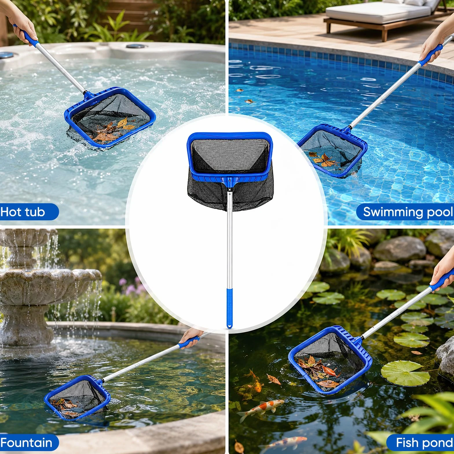 Épuisette de piscine avec tige télescopique - 320 cm - Maille fine - Avec filet de 43,5 cm de profondeur - Épuisette de sol - Épuisette aux algues pour piscine, étang, jacuzzi, spa