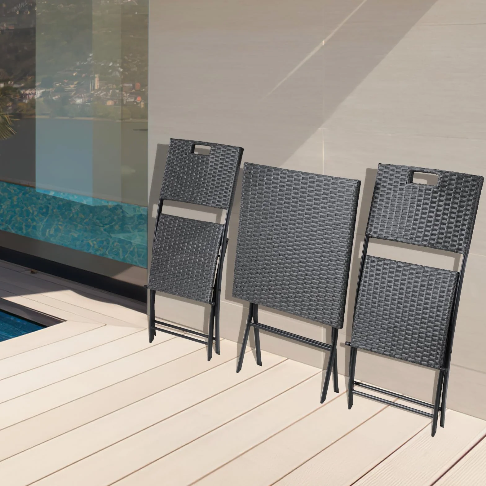 Ensemble de Meubles de Balcon 3 pièces Pliable en Rotin Gris, 2 Chaises et 1 Table, pour Terrasse et Jardin