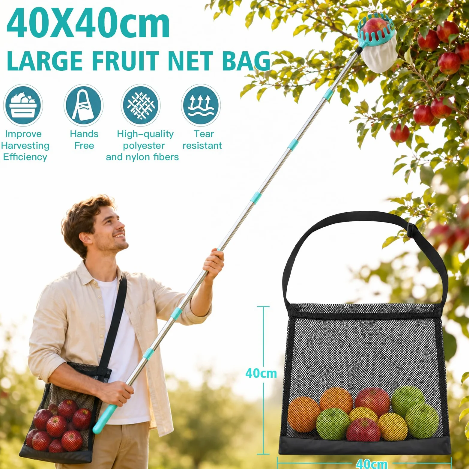 Cueilleuse à fruits de 4,6 m avec manche télescopique et sac à fruits