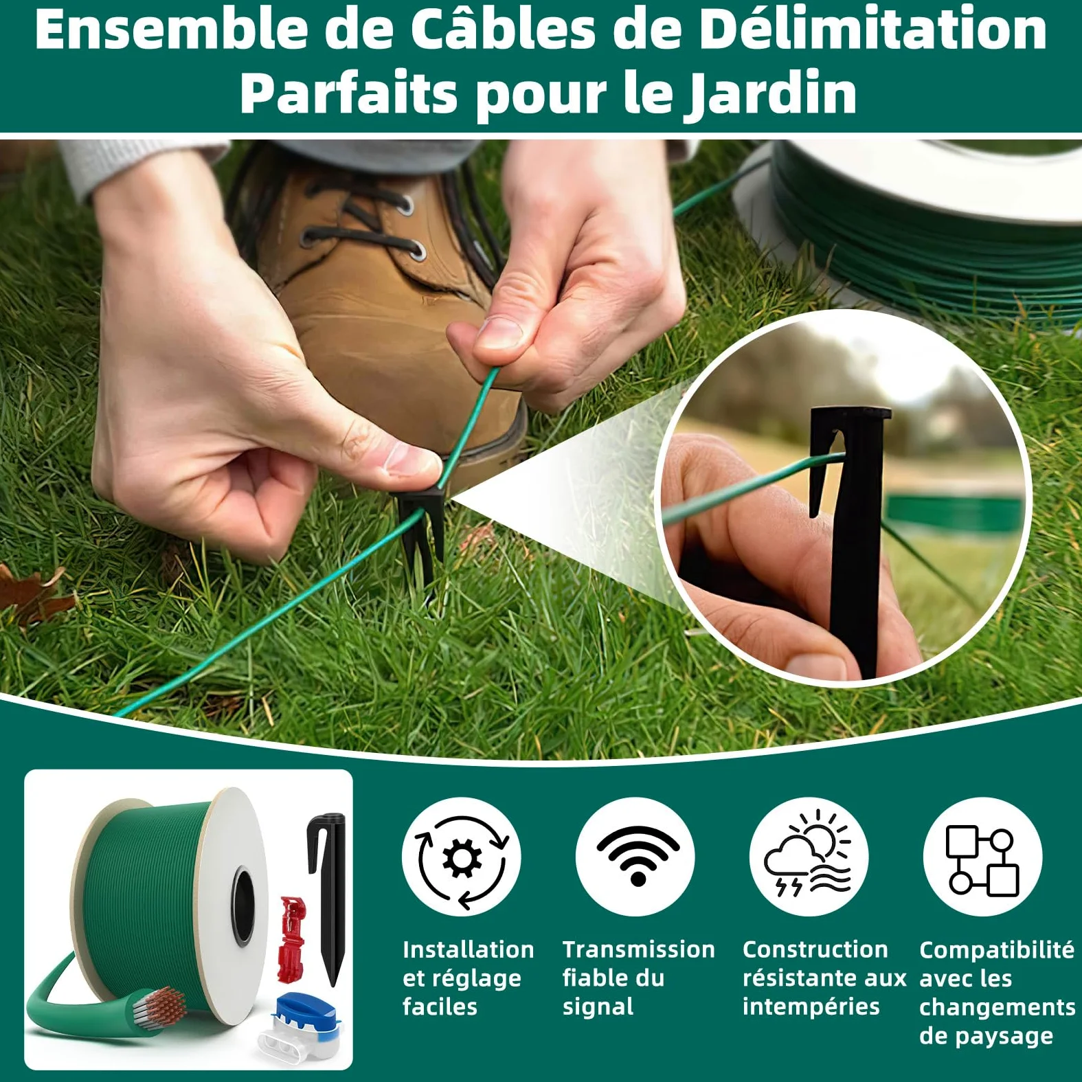 HAUSPROFI Cable Robot Tondeuse 150M + 300 Piquets + 10 Connecteurs de Câble + 10 Bornes de Connexion, Fil robot tondeuse, Câble pour robots tondeuses de Worx,Gardena,Bosch,Yard Force etc