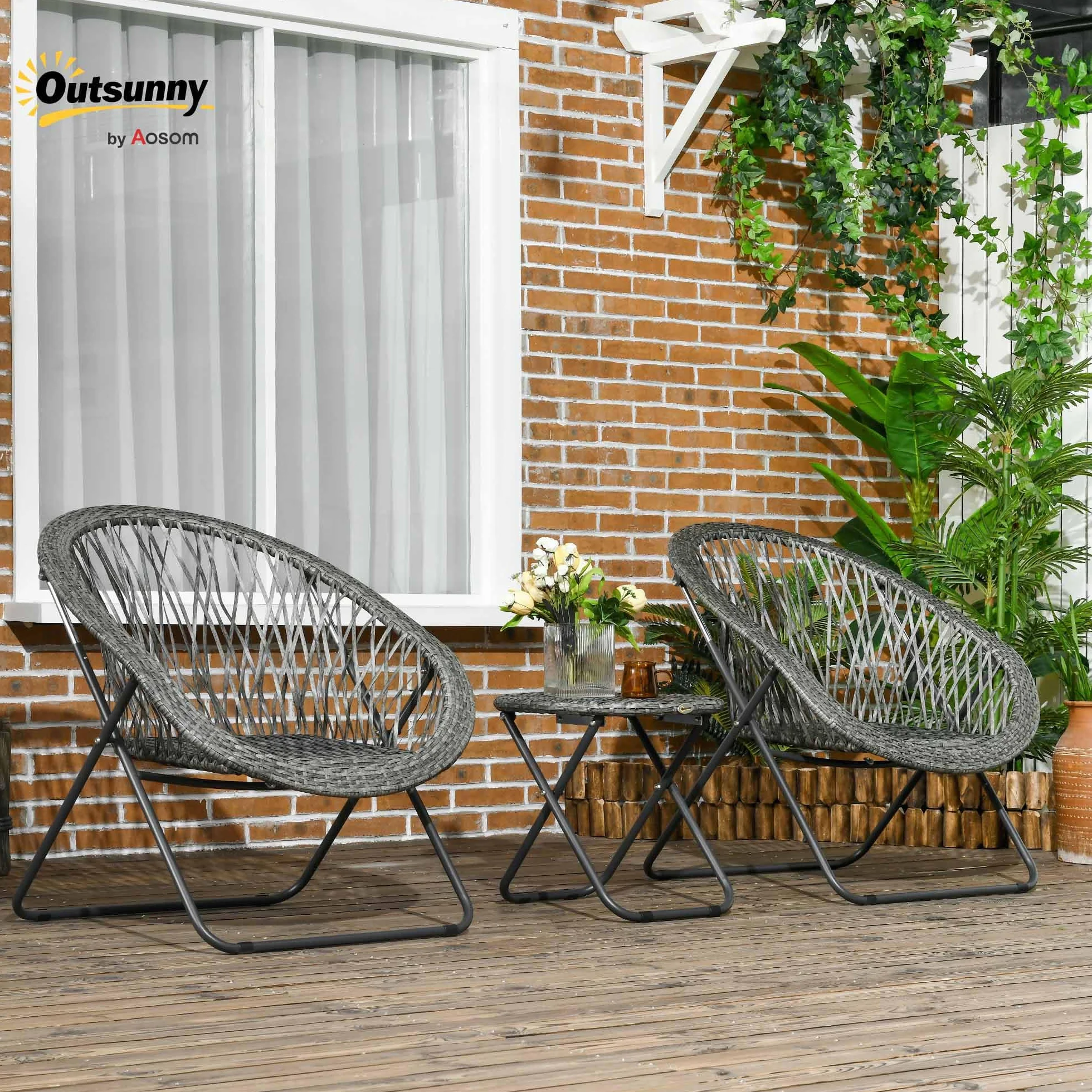 Outsunny Salon de Jardin extérieur résine Ensemble Table et chaises 2 Personnes Pliables Acier Gris
