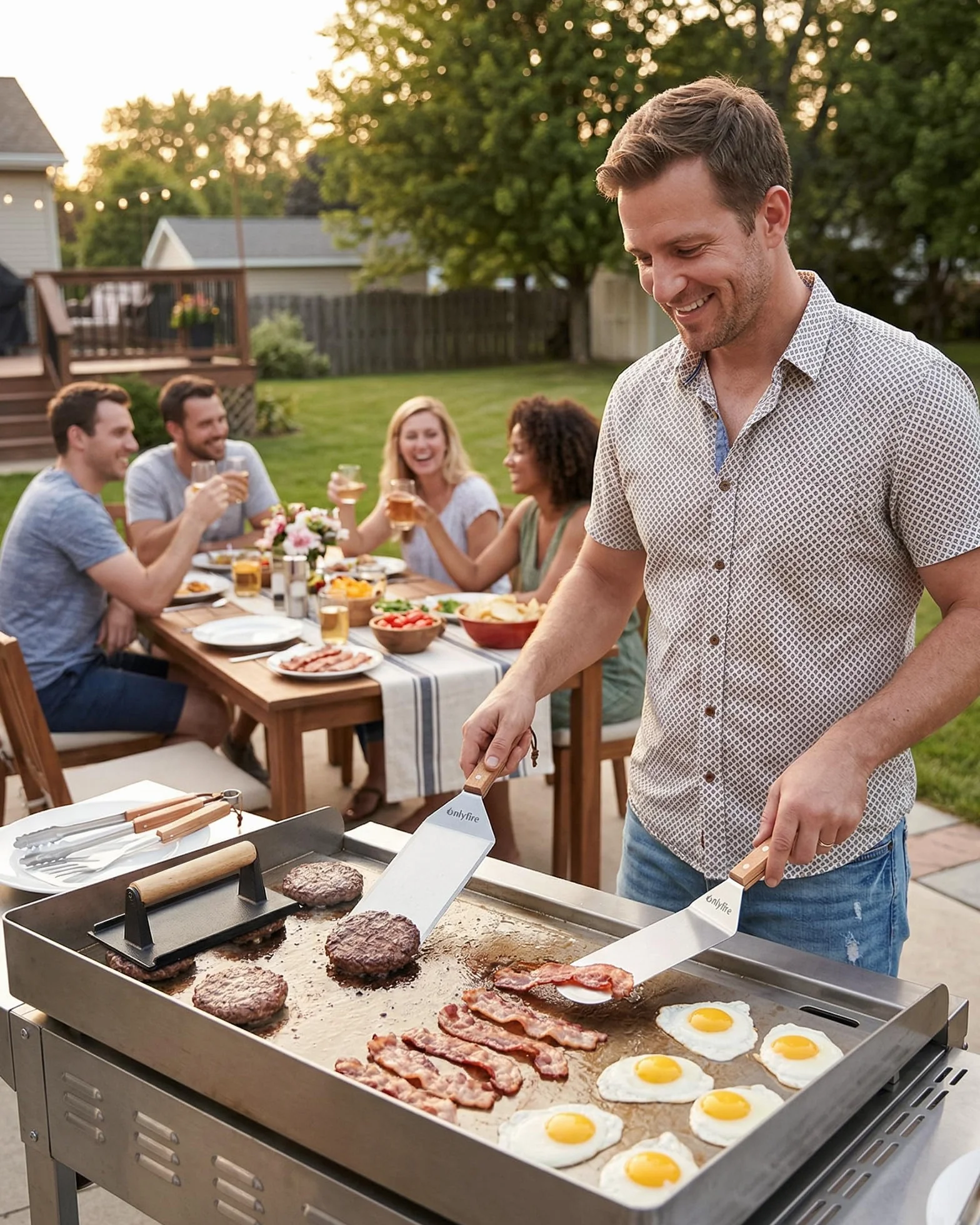 Onlyfire 4 Pièces Ustensiles Plancha Acier Inoxydable Spatule Poids Barbecue Fonte Poignée Bois Professionnel BBQ Kit Teppanyaki