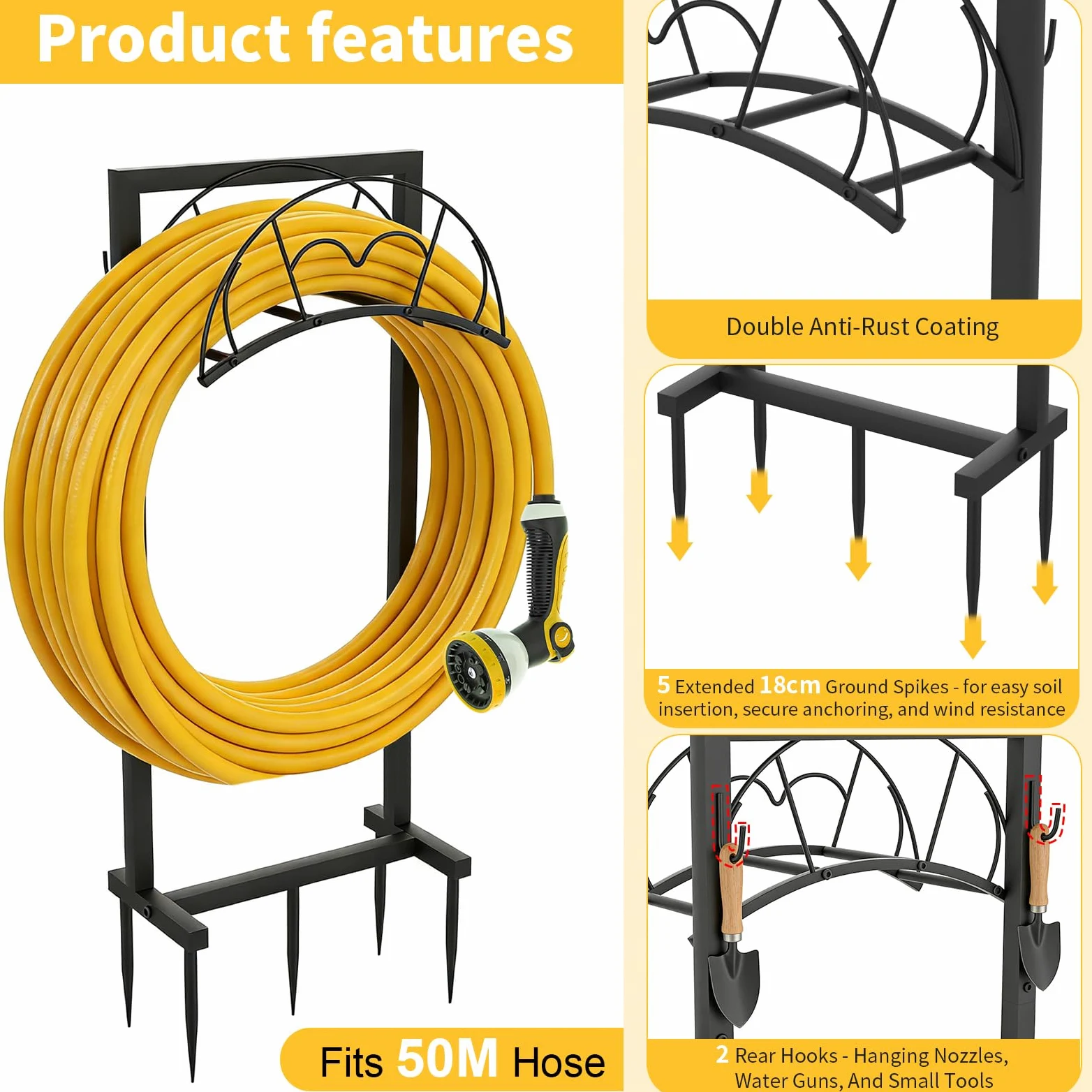 EFUTURETIME Support Tuyau Arrosage en Métal 105cm avec 5 Piquets, Noir | Autonome, Amovible, Robuste et Durable, Contient 50m, pour Cour, Pelouse, Extérieur